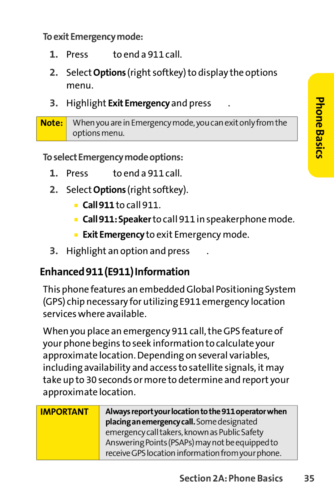 Sprint Nextel SCP-7000 manual Enhanced911E911Information, ToexitEmergencymode, ToselectEmergencymodeoptions 