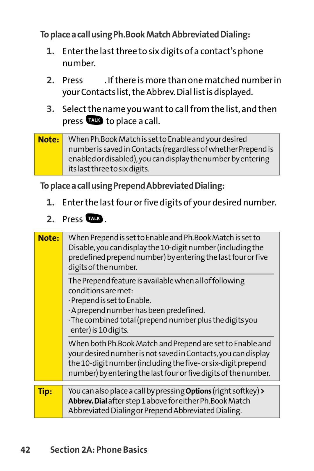 Sprint Nextel SCP-7000 manual ToplaceacallusingPh.BookMatchAbbreviatedDialing, ToplaceacallusingPrependAbbreviatedDialing 