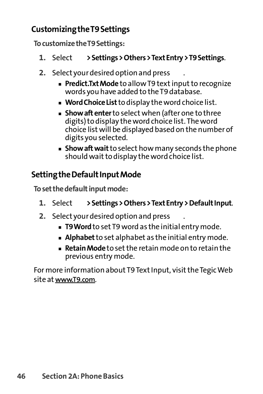 Sprint Nextel SCP-7000 manual CustomizingtheT9Settings, SettingtheDefaultInputMode, TocustomizetheT9Settings 