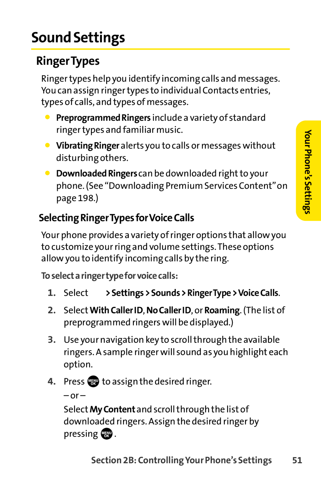 Sprint Nextel SCP-7000 manual Sound Settings, SelectingRingerTypesforVoiceCalls, Toselectaringertypeforvoicecalls 