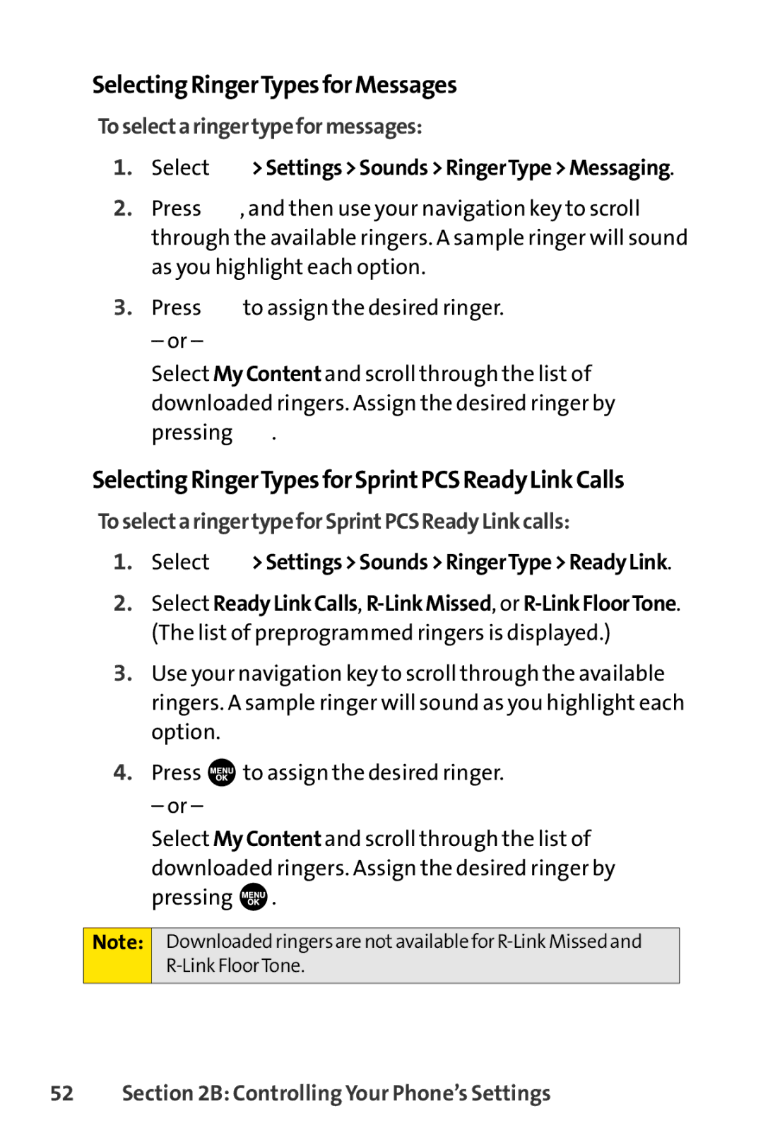 Sprint Nextel SCP-7000 manual SelectingRingerTypesforMessages, SelectingRingerTypesforSprintPCSReadyLinkCalls 