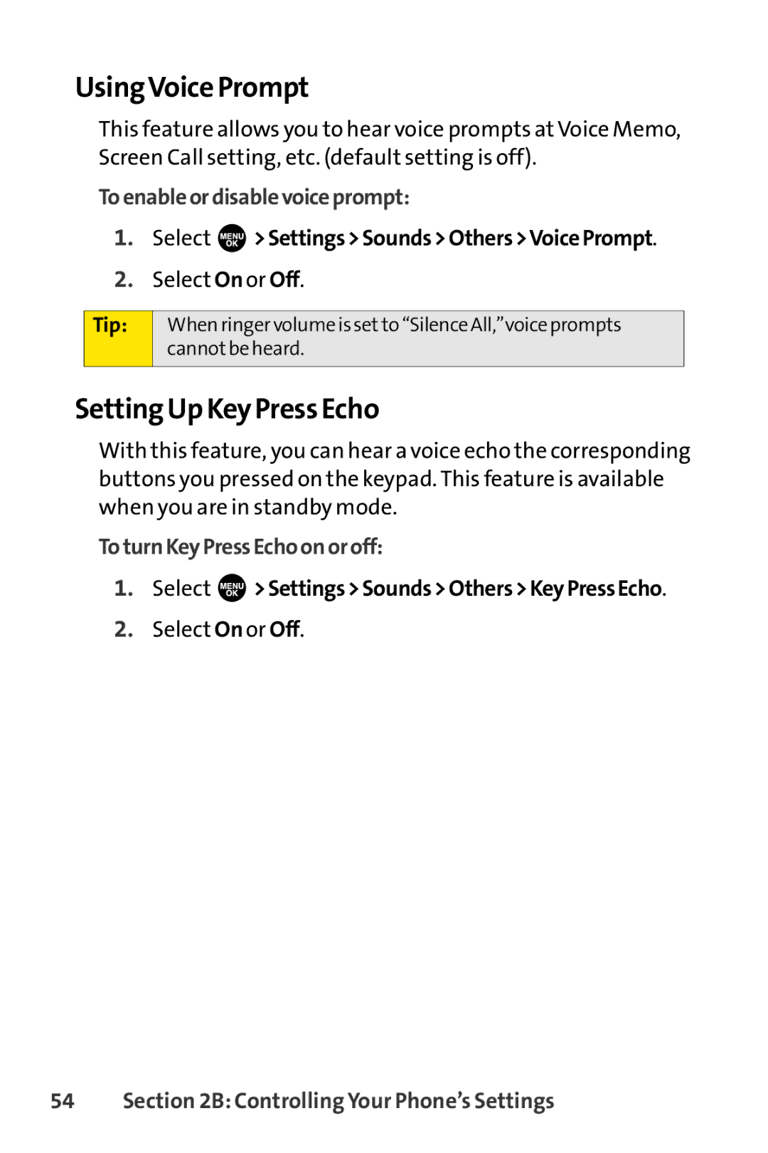 Sprint Nextel SCP-7000 manual UsingVoice Prompt, Setting Up Key Press Echo, Toenableordisablevoiceprompt 