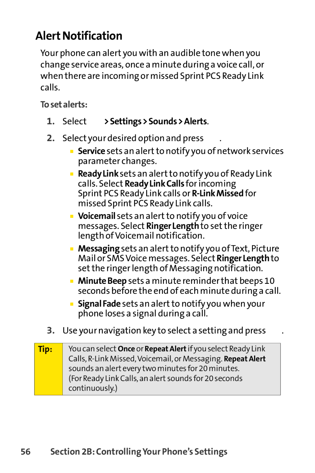 Sprint Nextel SCP-7000 manual Alert Notification, Tosetalerts, Select SettingsSoundsAlerts 