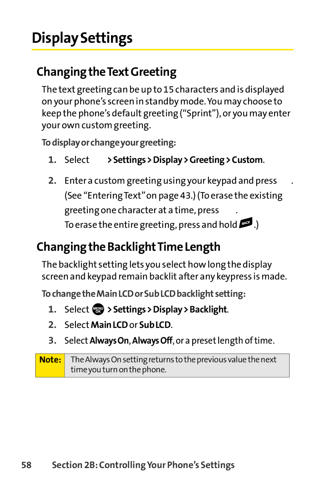 Sprint Nextel SCP-7000 manual Display Settings, Changing theTextGreeting, Changing the BacklightTime Length 