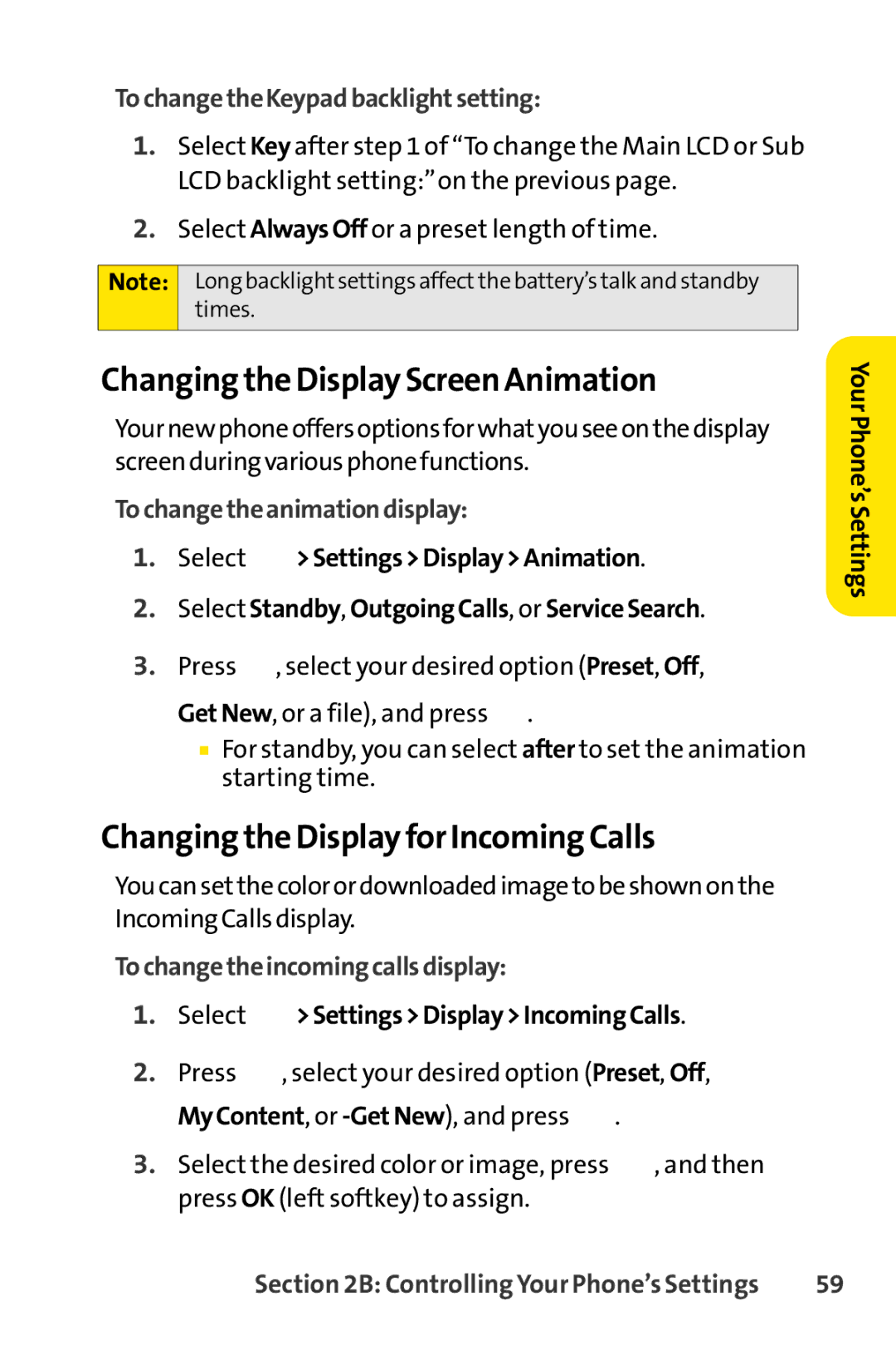 Sprint Nextel SCP-7000 manual Changing the Display Screen Animation, Changing the Display for Incoming Calls 