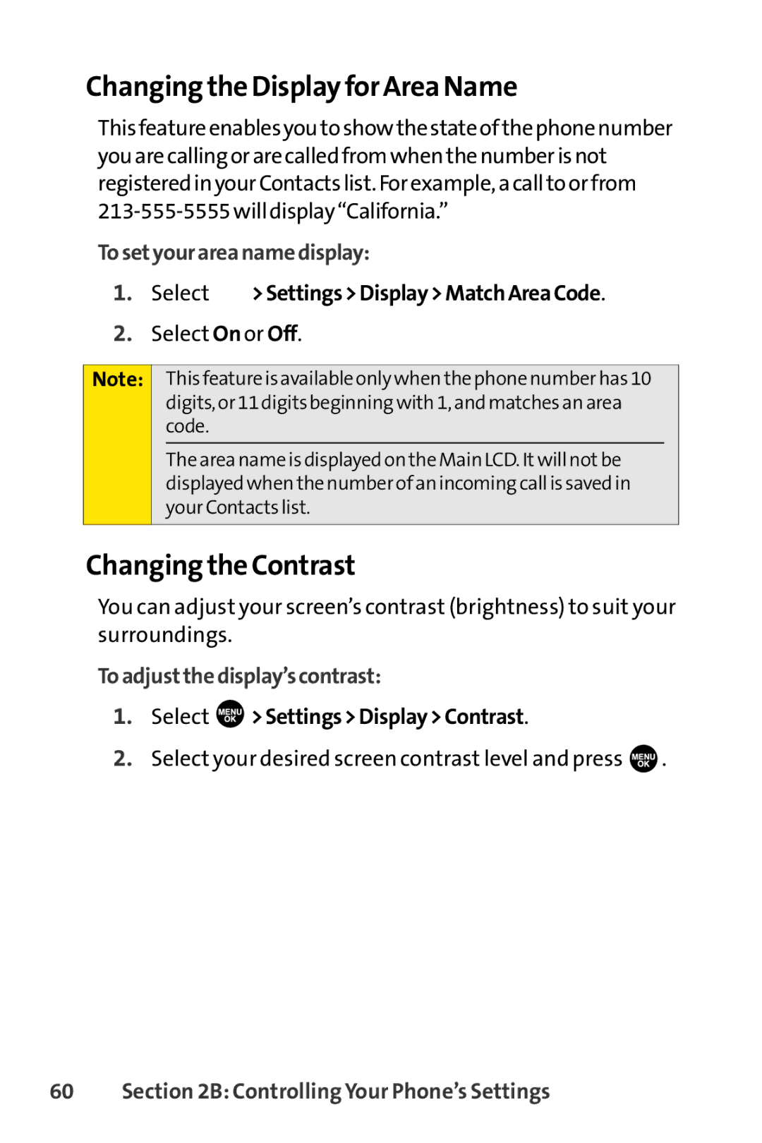 Sprint Nextel SCP-7000 manual Changing the Display for Area Name, Changing the Contrast, Tosetyourareanamedisplay 