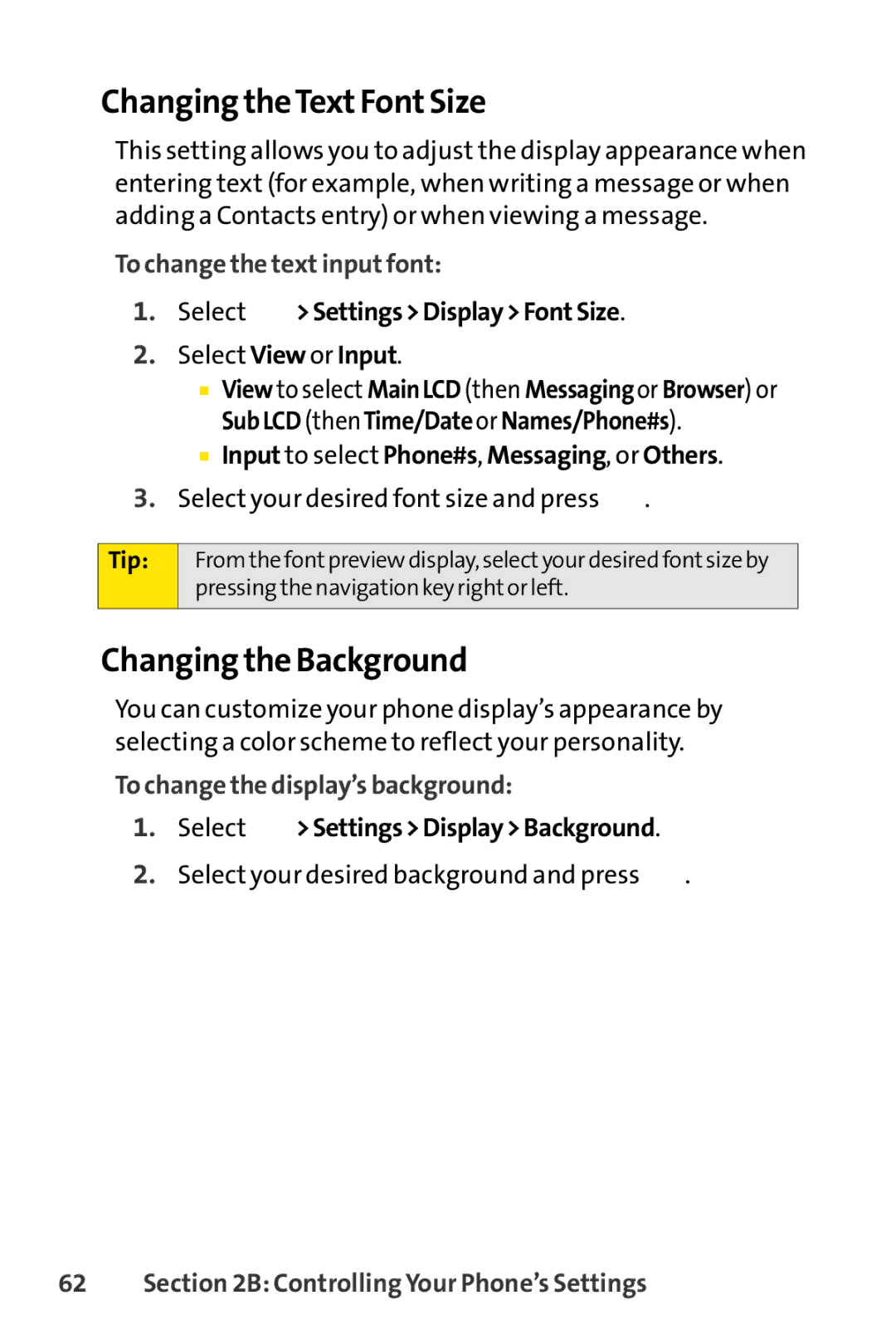 Sprint Nextel SCP-7000 manual Changing theTextFont Size, Changing the Background, To change the text input font 