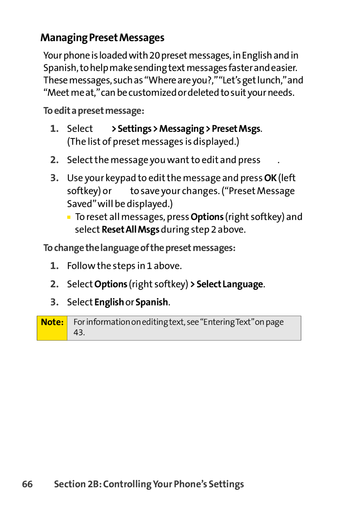 Sprint Nextel SCP-7000 manual ManagingPresetMessages, Toeditapresetmessage, Tochangethelanguageofthepresetmessages 