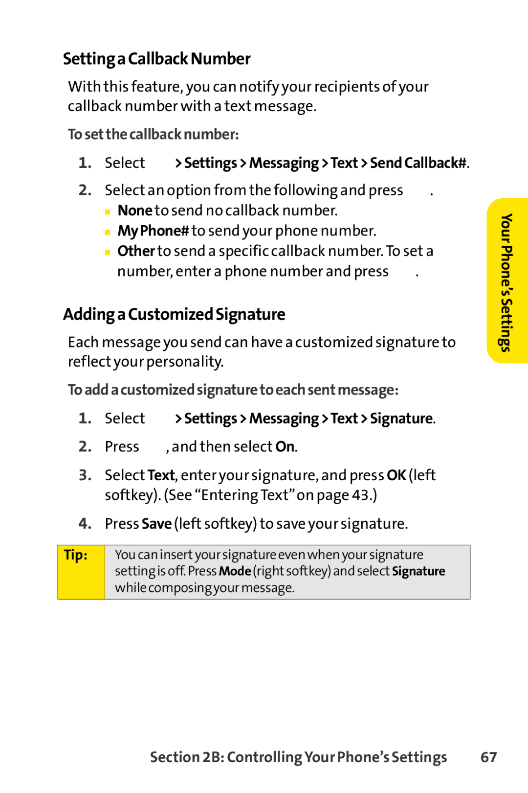 Sprint Nextel SCP-7000 manual SettingaCallbackNumber, AddingaCustomizedSignature, Tosetthecallbacknumber 