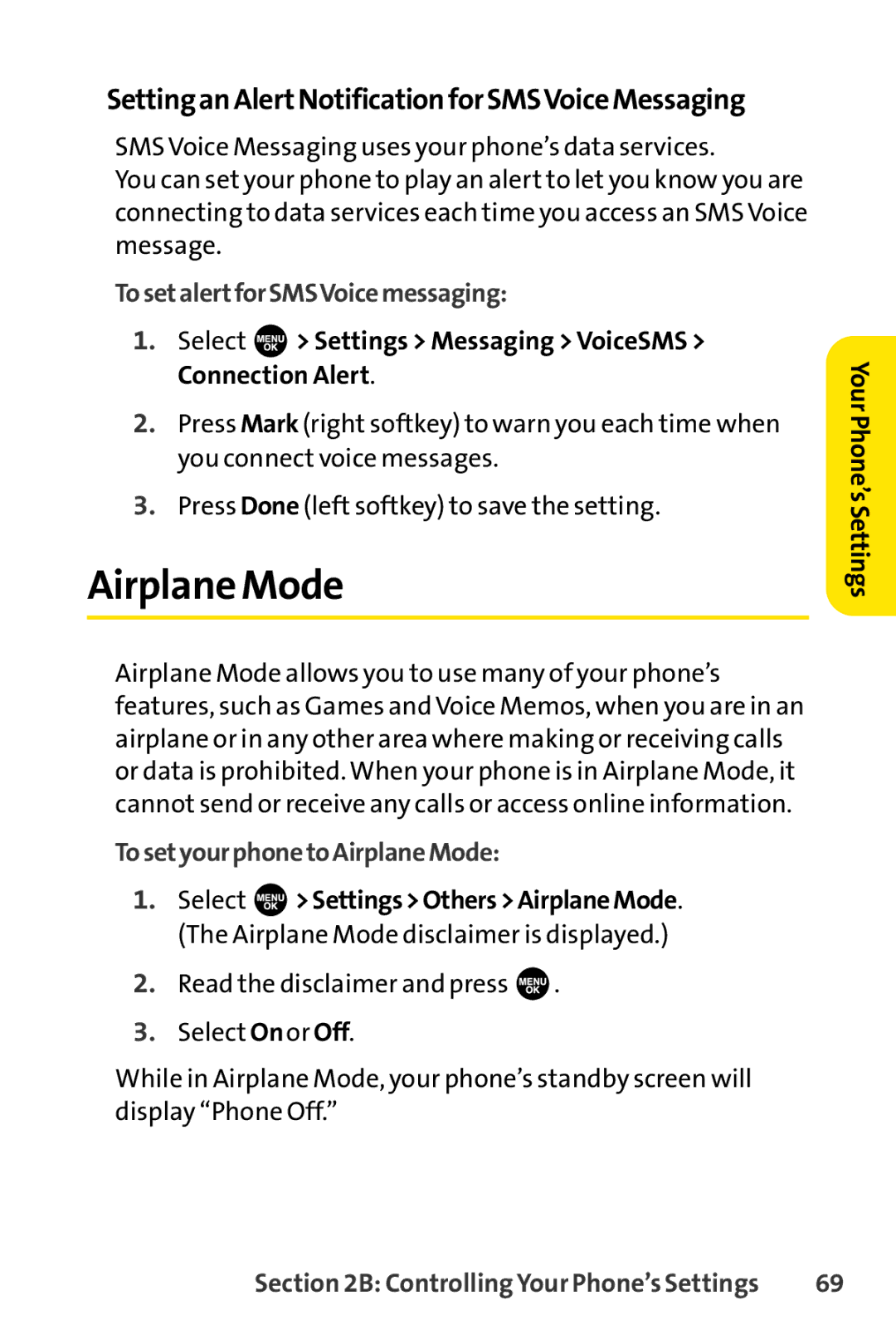 Sprint Nextel SCP-7000 manual Airplane Mode, SettinganAlertNotificationforSMSVoiceMessaging, TosetalertforSMSVoicemessaging 