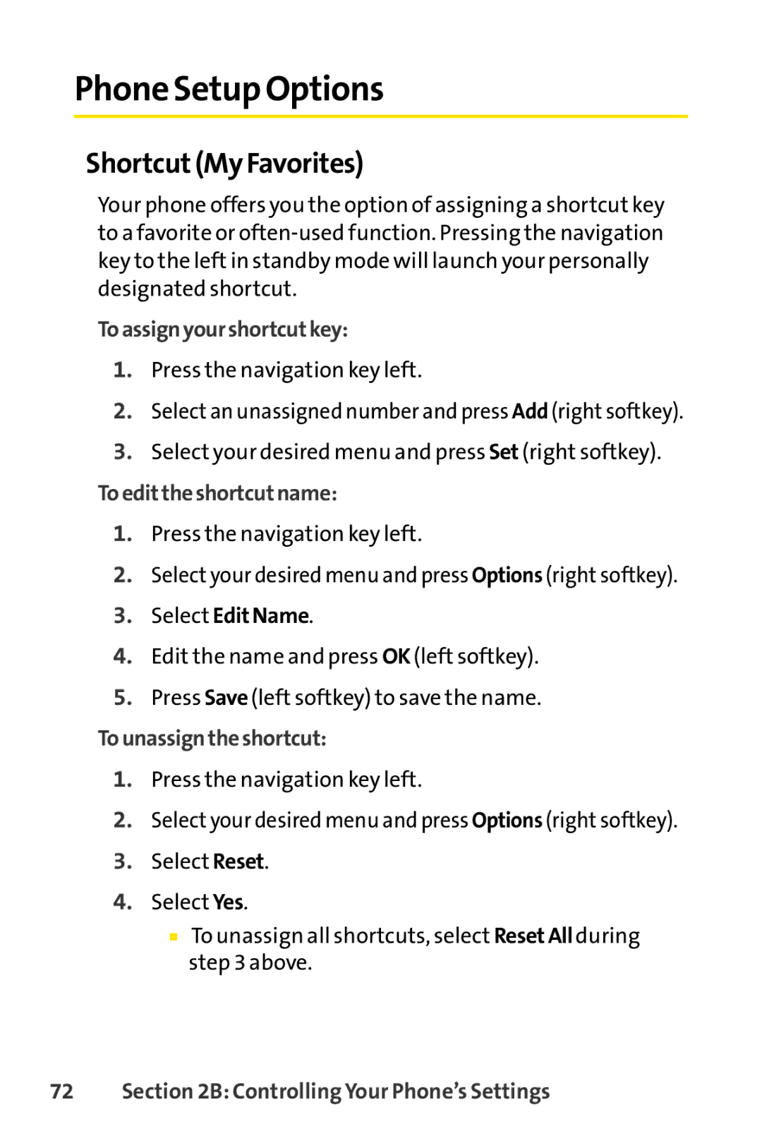 Sprint Nextel SCP-7000 manual Phone Setup Options, ShortcutMy Favorites, Toassignyourshortcutkey, Toedittheshortcutname 