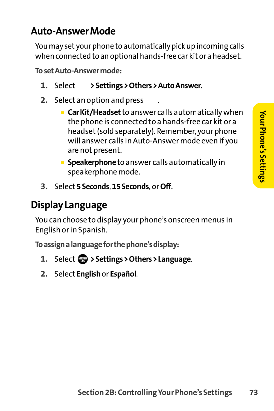 Sprint Nextel SCP-7000 Auto-Answer Mode, Display Language, TosetAuto-Answermode, Toassignalanguageforthephone’sdisplay 