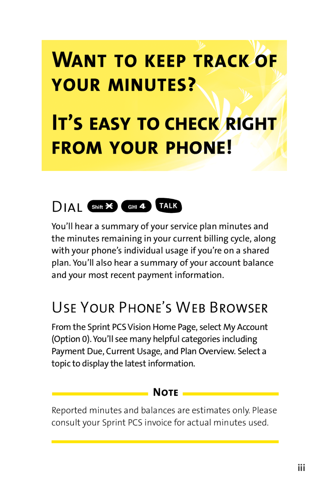 Sprint Nextel SCP-7000 manual Want to Keep Track of Your MINUTES?, Iii 