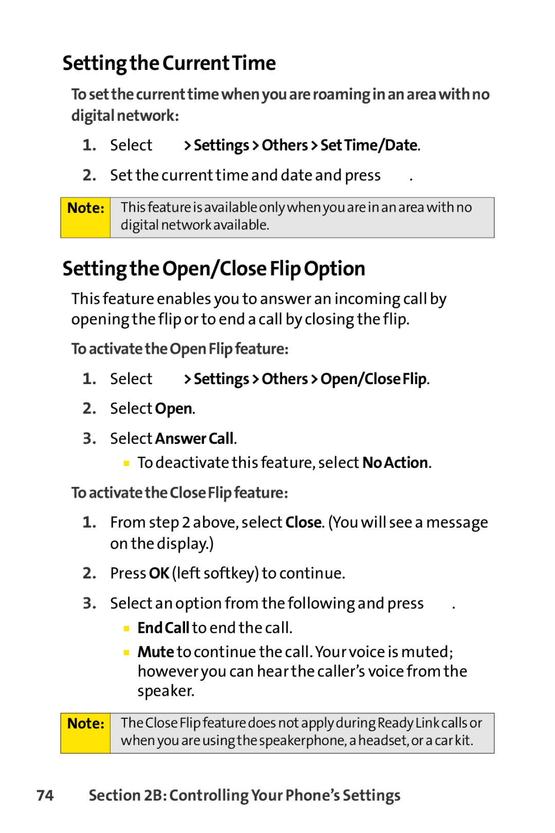 Sprint Nextel SCP-7000 manual Setting the CurrentTime, Setting the Open/Close Flip Option, ToactivatetheOpenFlipfeature 