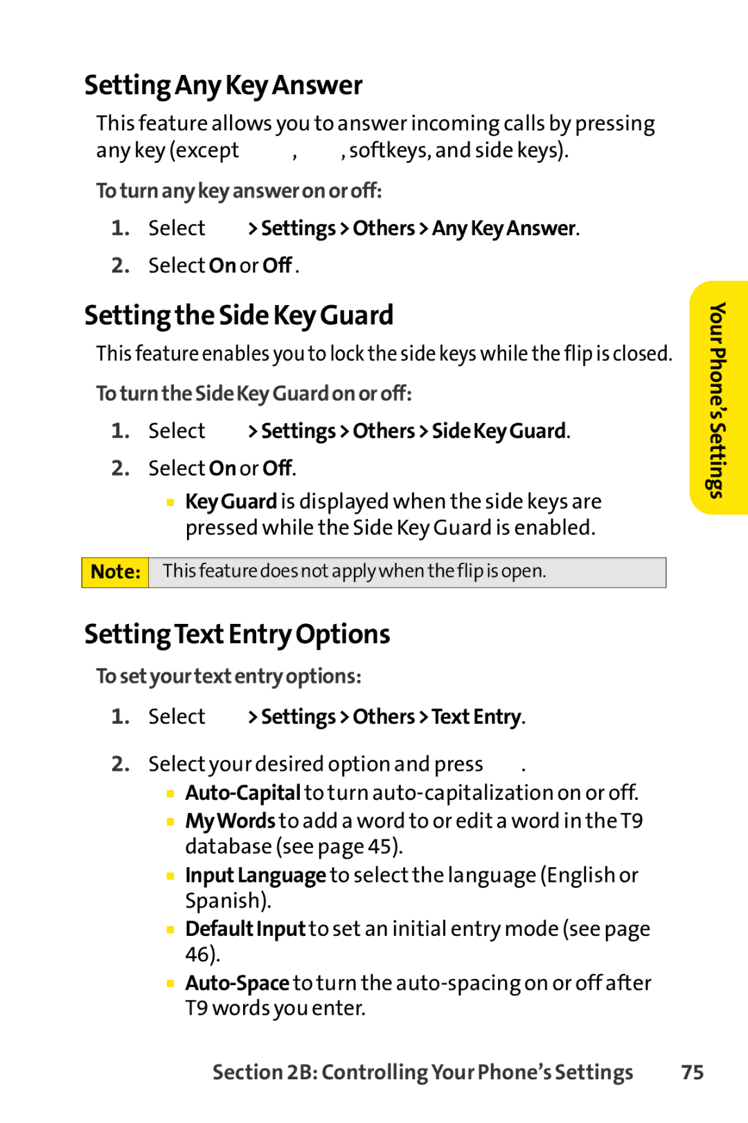 Sprint Nextel SCP-7000 manual Setting Any Key Answer, Setting the Side Key Guard, SettingTextEntry Options 