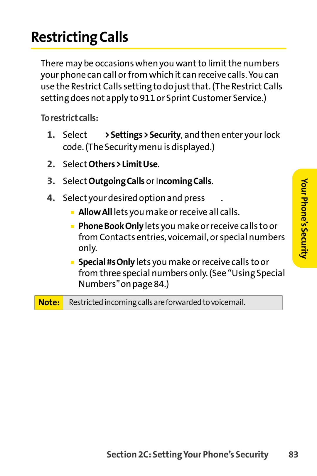 Sprint Nextel SCP-7000 Restricting Calls, Torestrictcalls, Select OthersLimitUse Select OutgoingCalls or IncomingCalls 