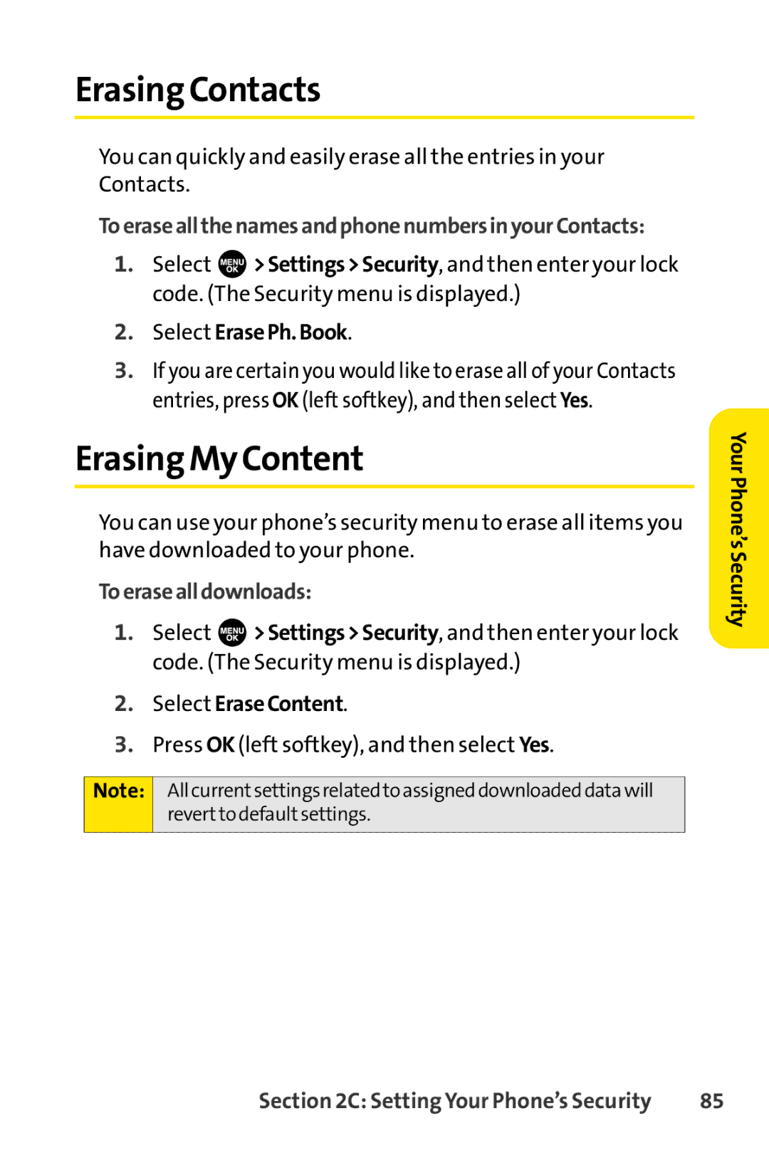 Sprint Nextel SCP-7000 manual Erasing Contacts, ErasingMy Content, ToeraseallthenamesandphonenumbersinyourContacts 