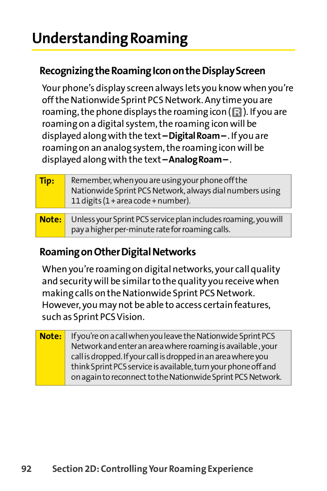 Sprint Nextel SCP-7000 Understanding Roaming, RecognizingtheRoamingIconontheDisplayScreen, RoamingonOtherDigitalNetworks 