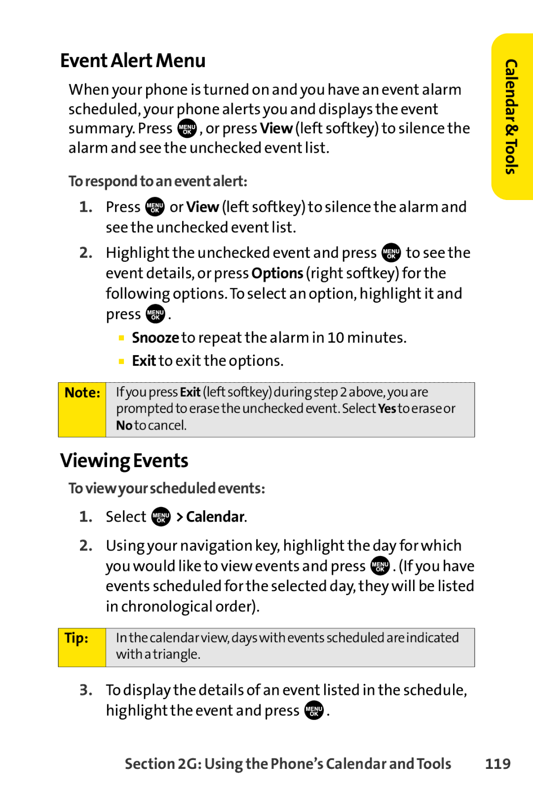 Sprint Nextel SCP-7000 manual Event Alert Menu, Viewing Events, Torespondtoaneventalert, Toviewyourscheduledevents, 119 