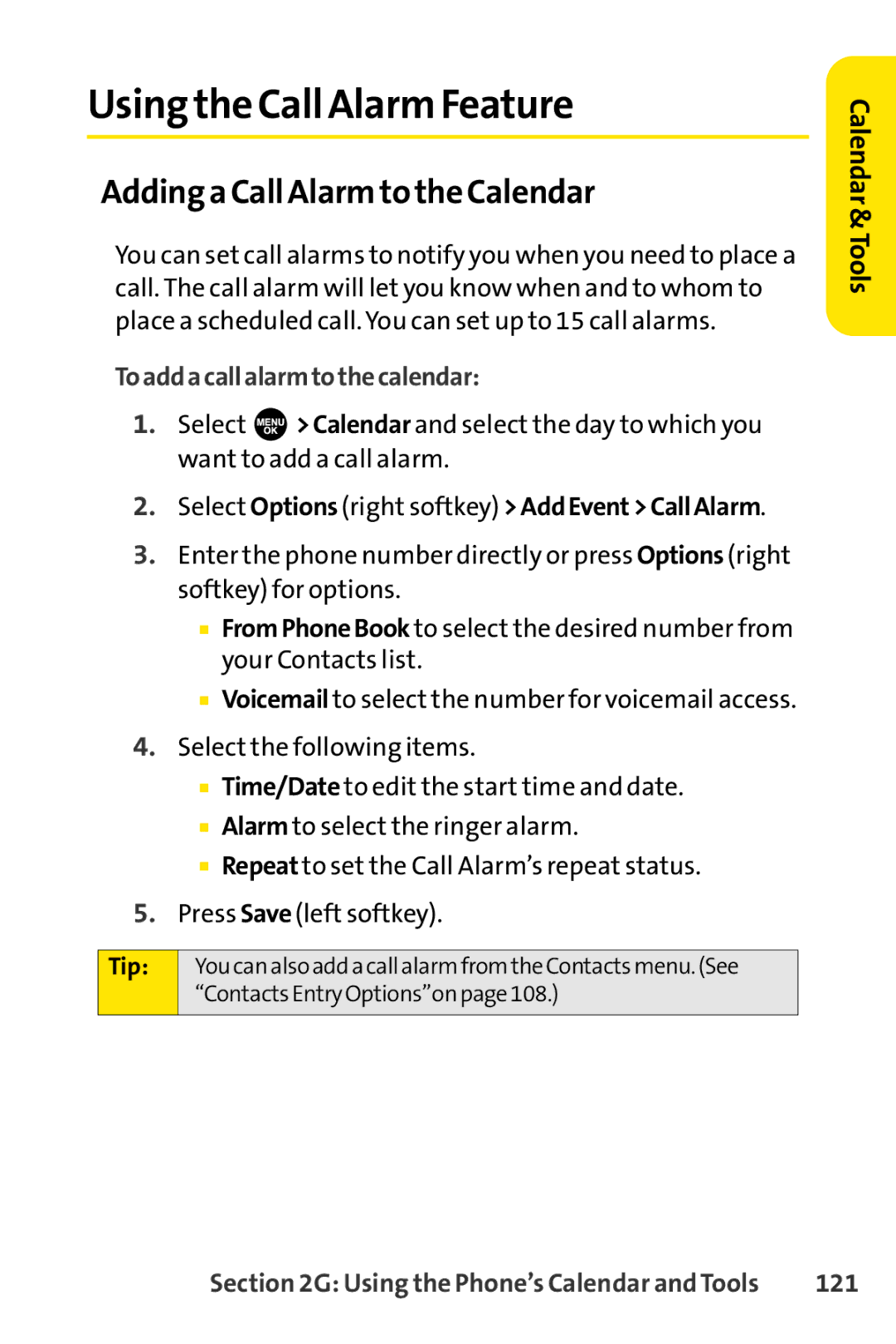 Sprint Nextel SCP-7000 Using the Call Alarm Feature, Adding a Call Alarm to the Calendar, Toaddacallalarmtothecalendar 