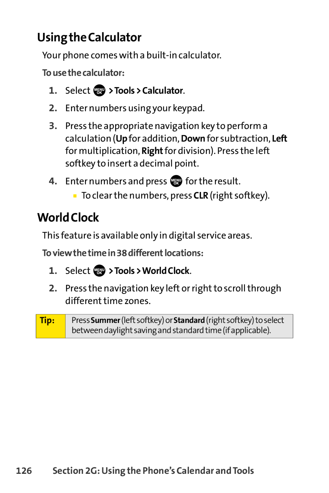 Sprint Nextel SCP-7000 manual Using the Calculator, World Clock, Tousethecalculator, Toviewthetimein38differentlocations 