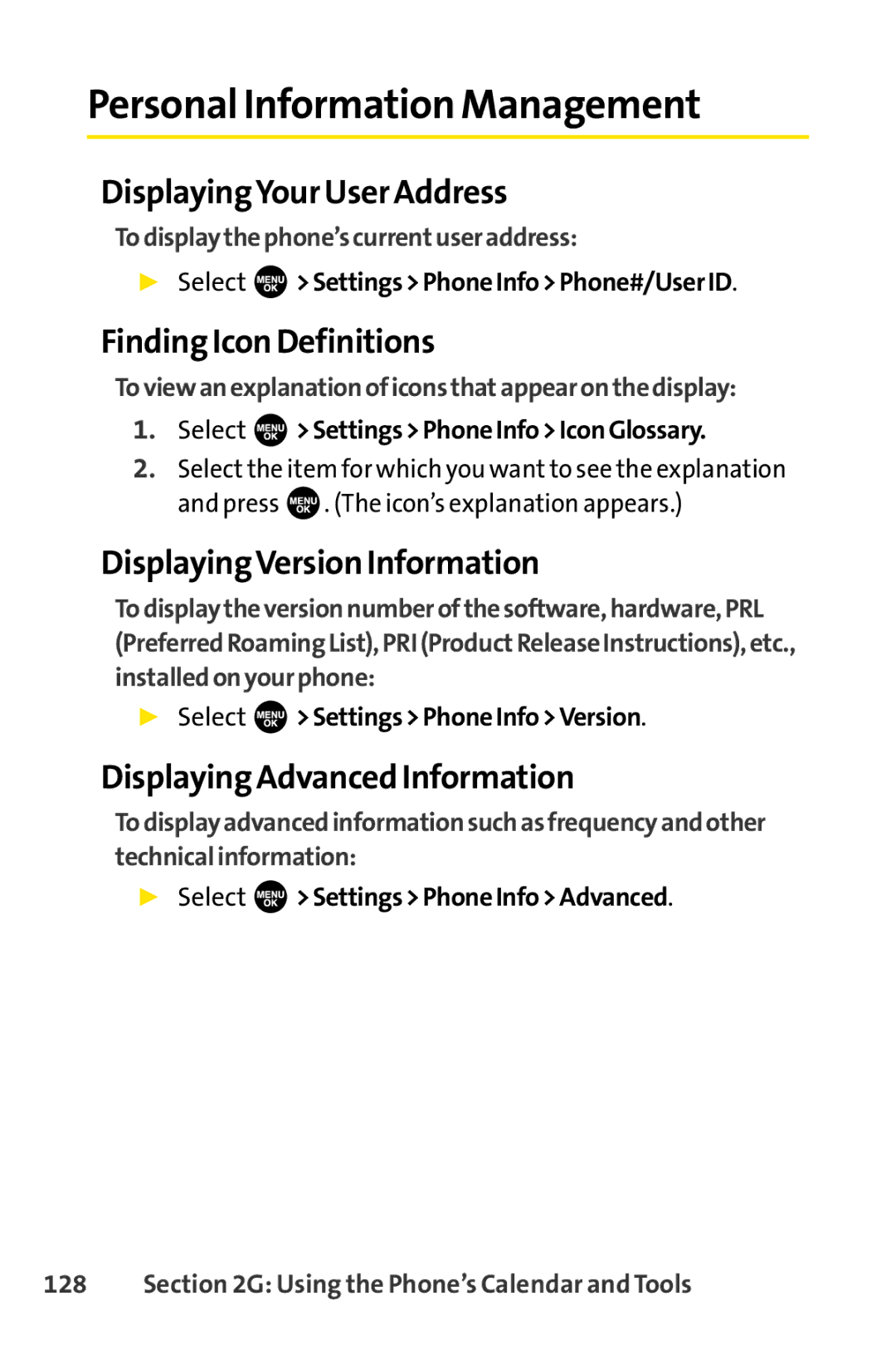 Sprint Nextel SCP-7000 manual Personal Information Management, DisplayingYour User Address, Finding Icon Definitions 