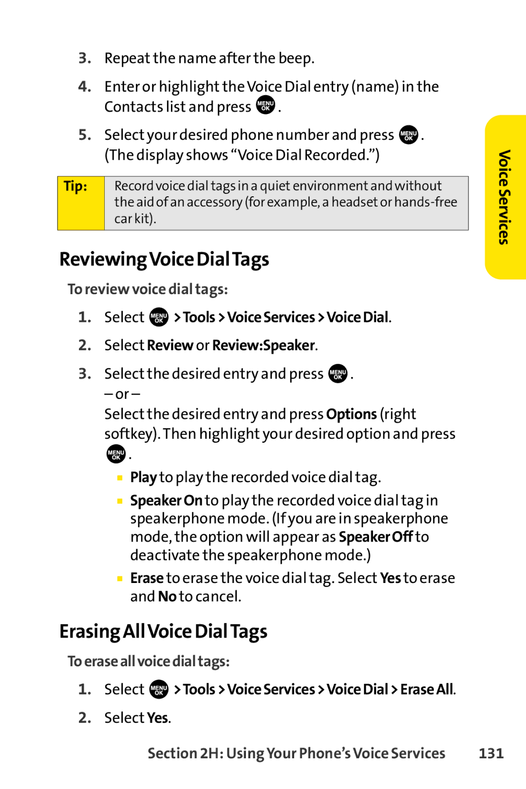 Sprint Nextel SCP-7000 manual ReviewingVoice DialTags, Erasing AllVoice DialTags, To review voice dial tags, 131 