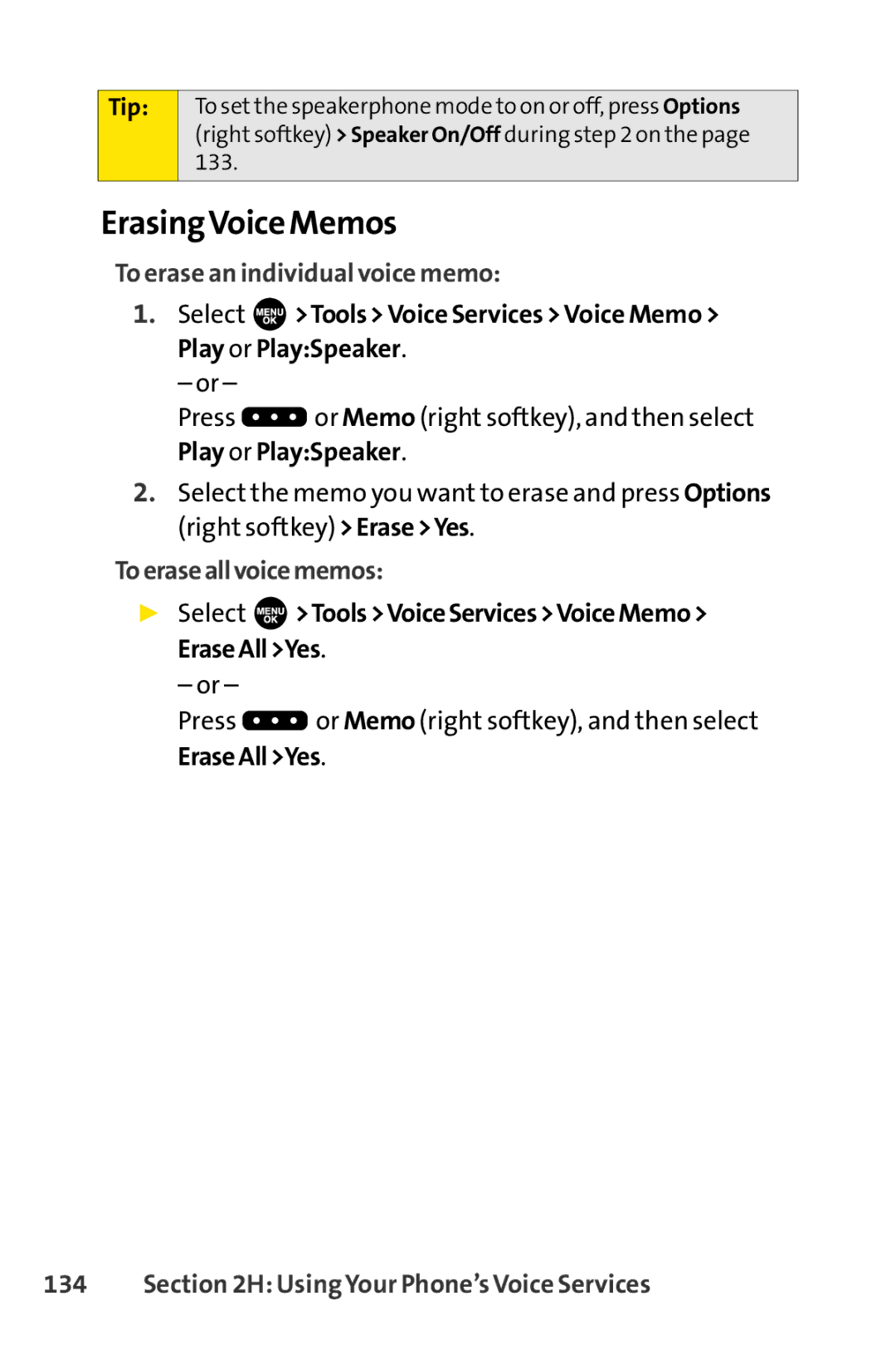 Sprint Nextel SCP-7000 manual ErasingVoice Memos, To erase an individual voice memo, Toeraseallvoicememos 