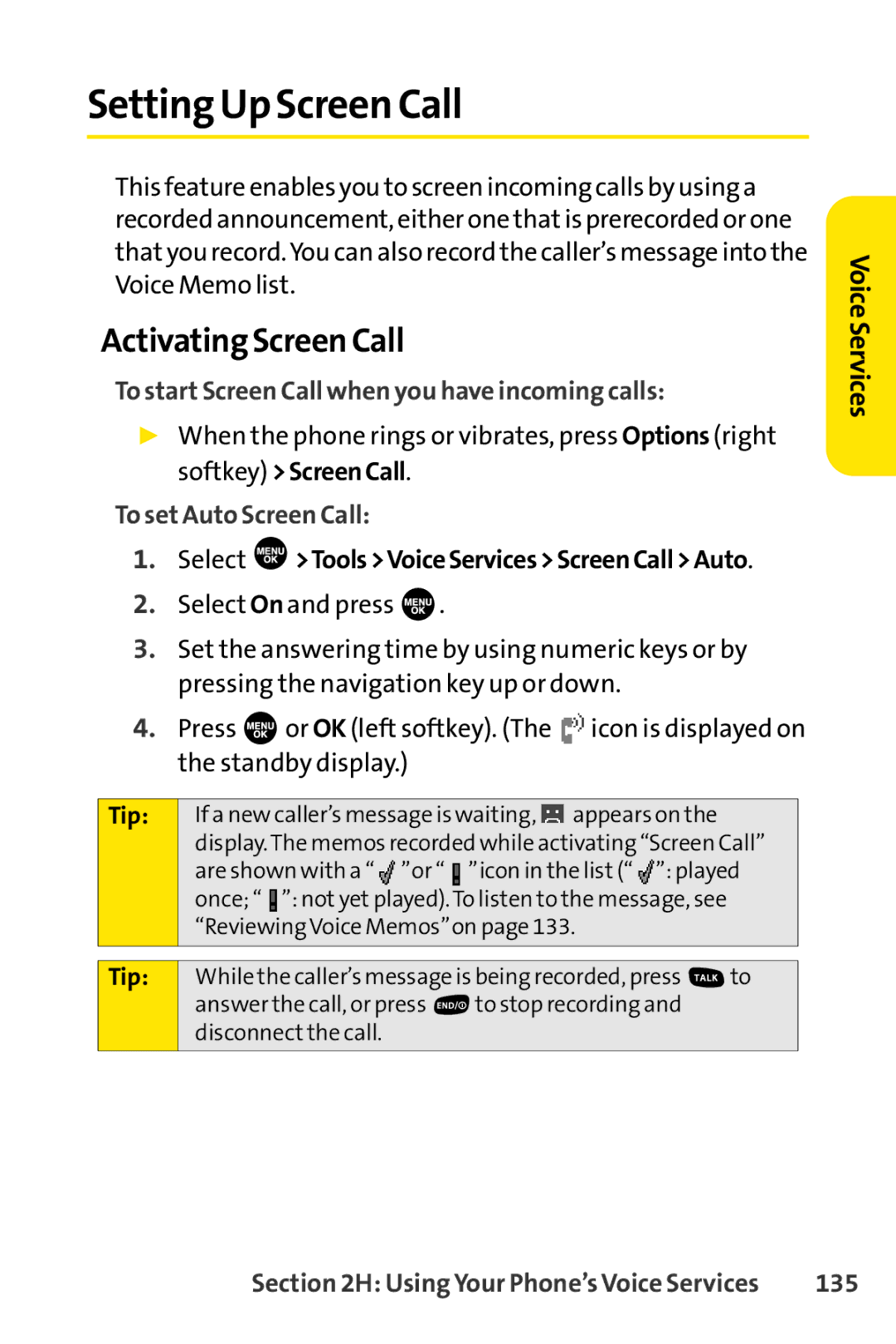 Sprint Nextel SCP-7000 Setting Up Screen Call, Activating Screen Call, To start Screen Call when you have incoming calls 