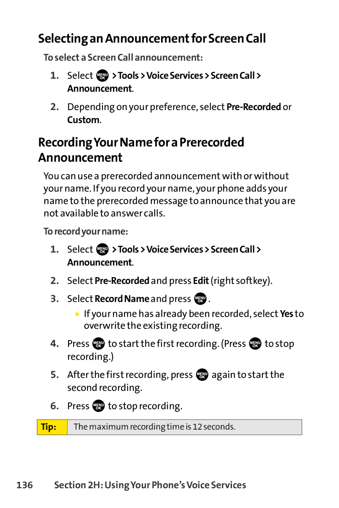 Sprint Nextel SCP-7000 manual Selecting an Announcement for Screen Call, RecordingYour Name for a Prerecorded Announcement 