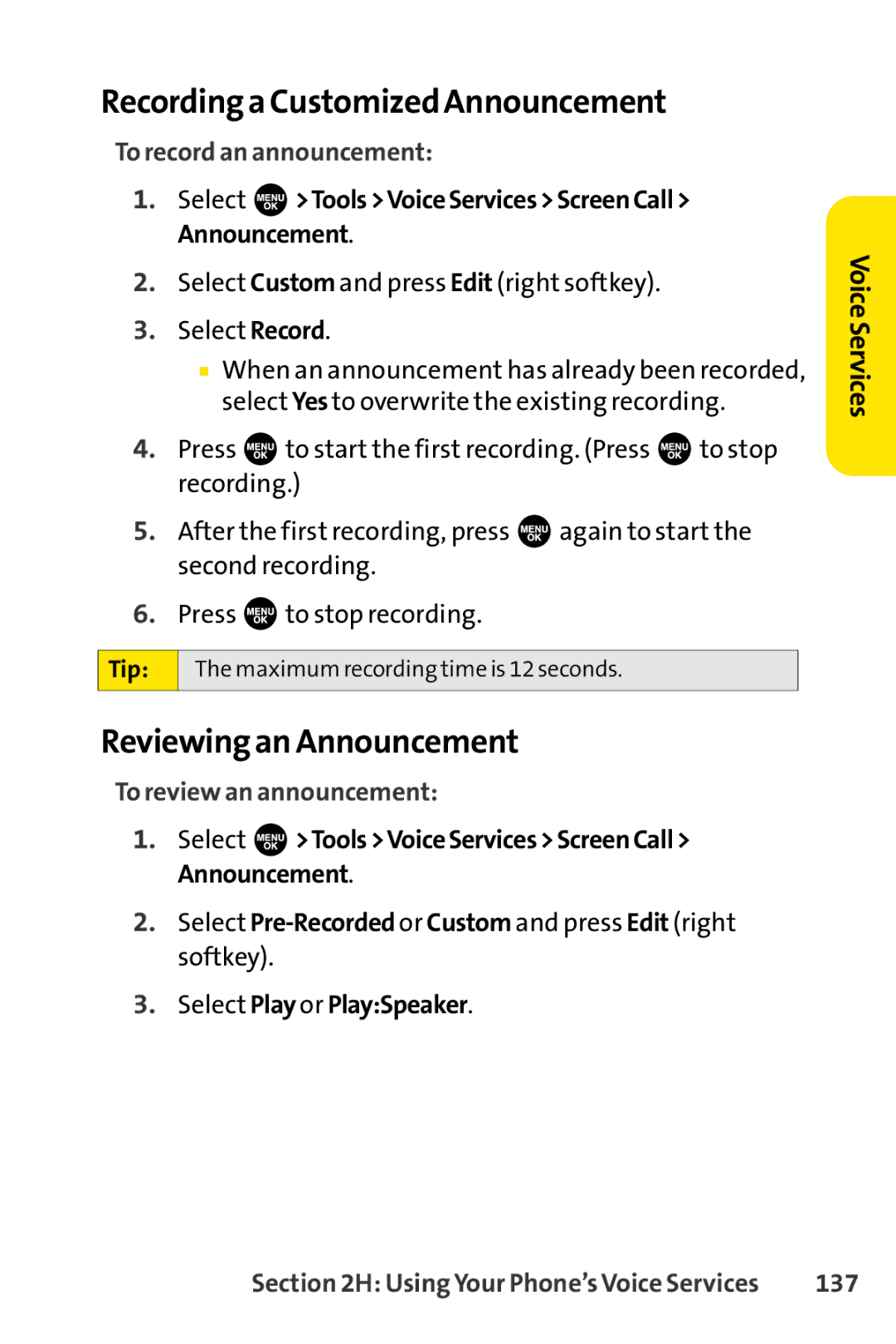 Sprint Nextel SCP-7000 Recording a Customized Announcement, Reviewing an Announcement, To record an announcement, 137 