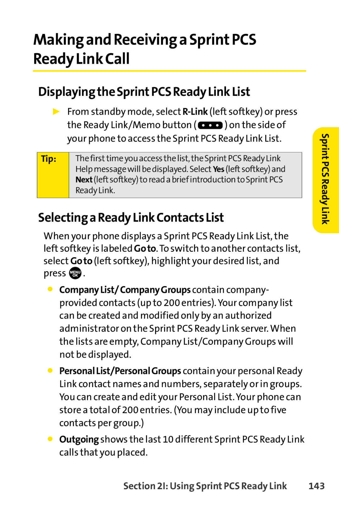 Sprint Nextel SCP-7000 Making and Receiving a SprintPCS Ready Link Call, Displaying the SprintPCS Ready Link List, 143 