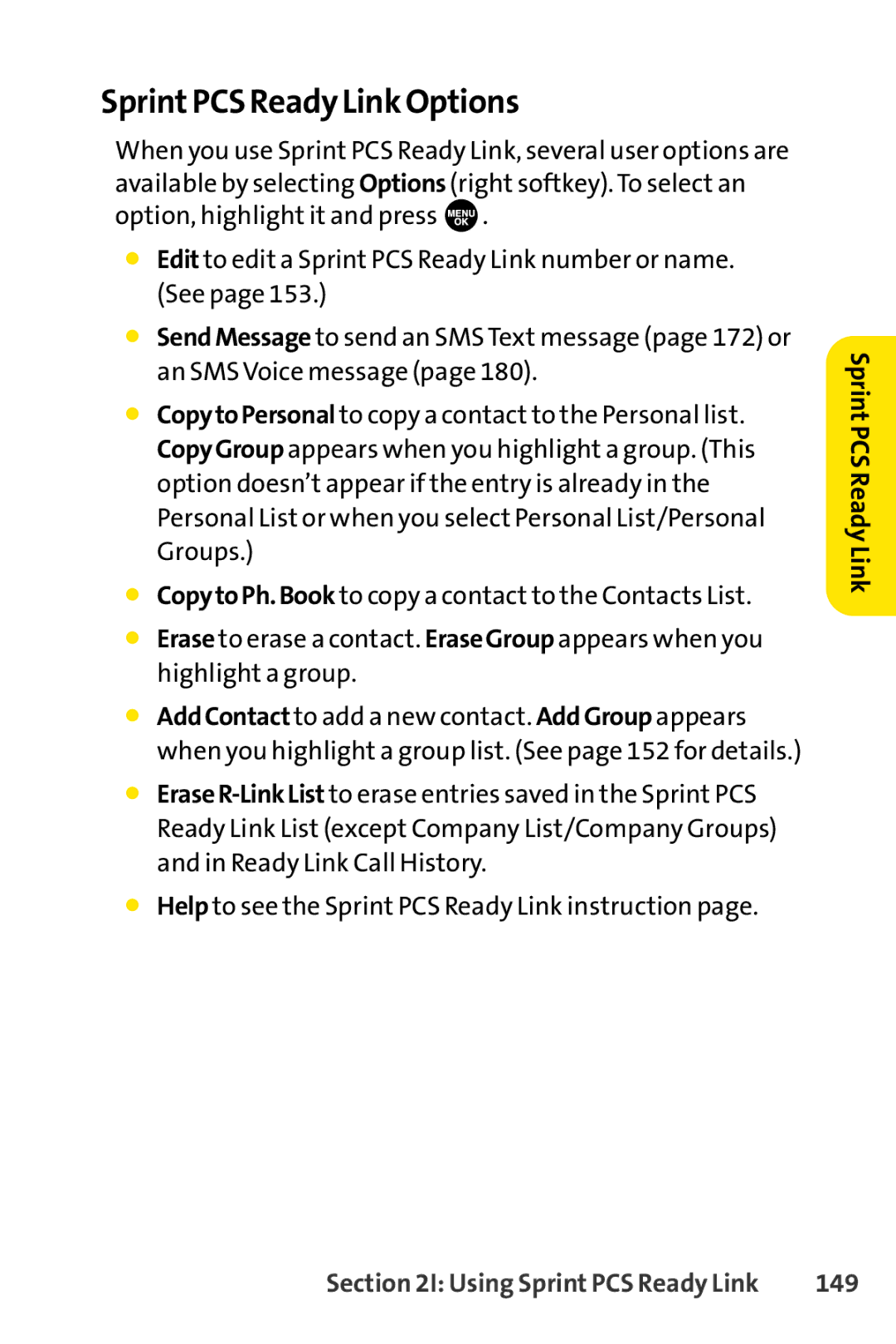 Sprint Nextel SCP-7000 manual Sprint PCS Ready Link Options, 149 