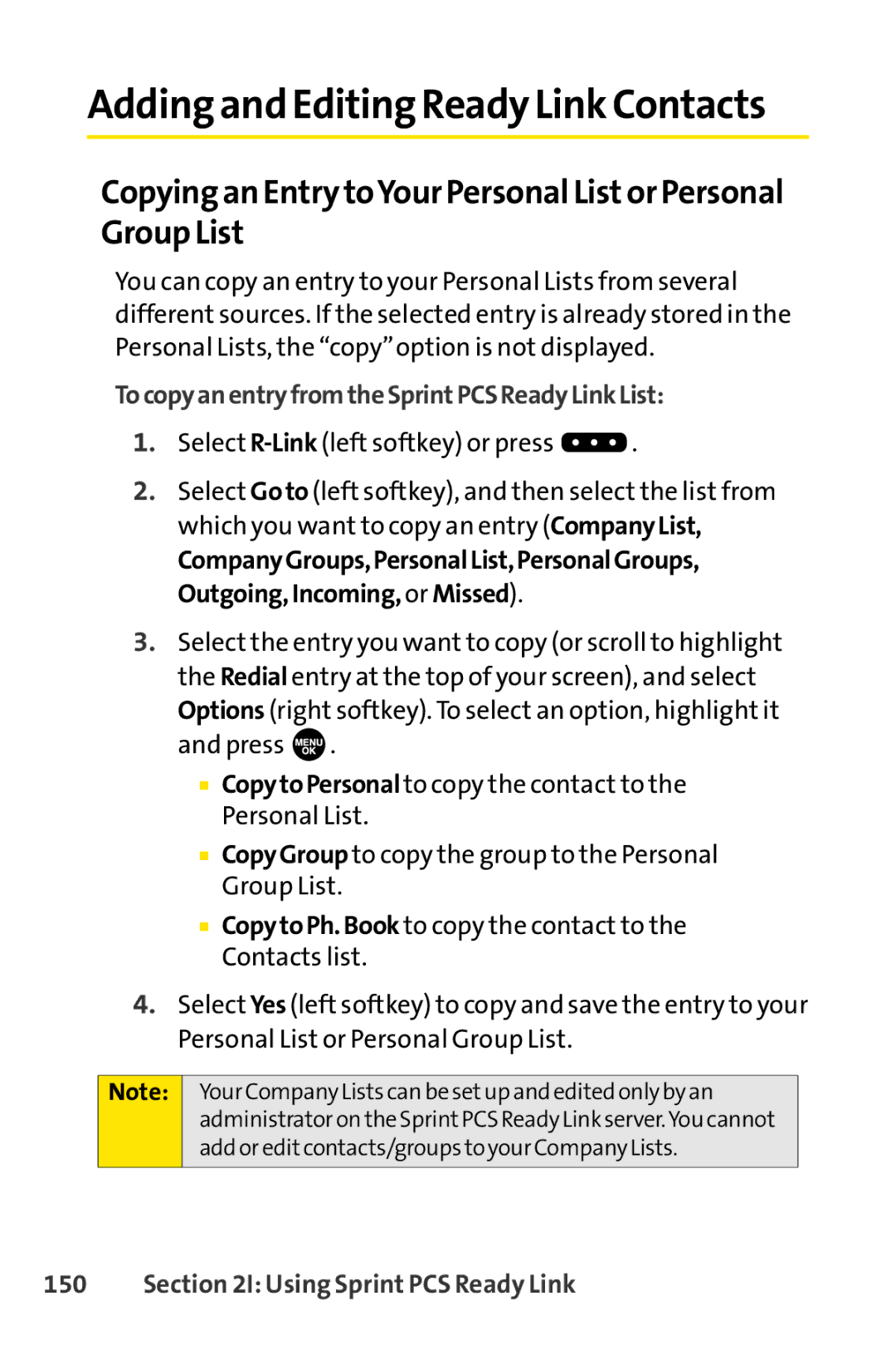 Sprint Nextel SCP-7000 manual Copying an Entry toYour Personal List or Personal Group List 