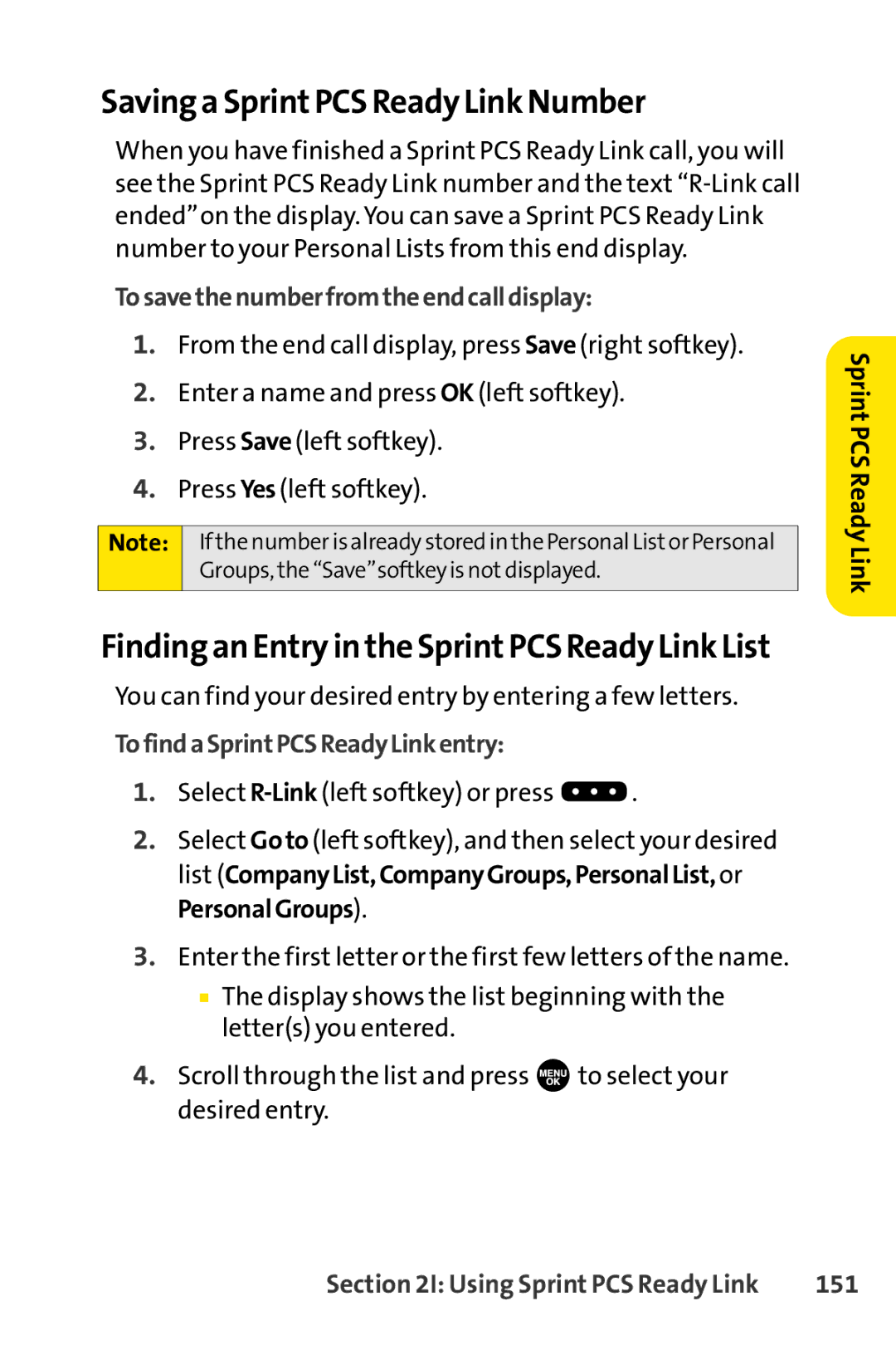 Sprint Nextel SCP-7000 manual Saving a SprintPCS Ready Link Number, Finding an Entry in the SprintPCS Ready Link List, 151 