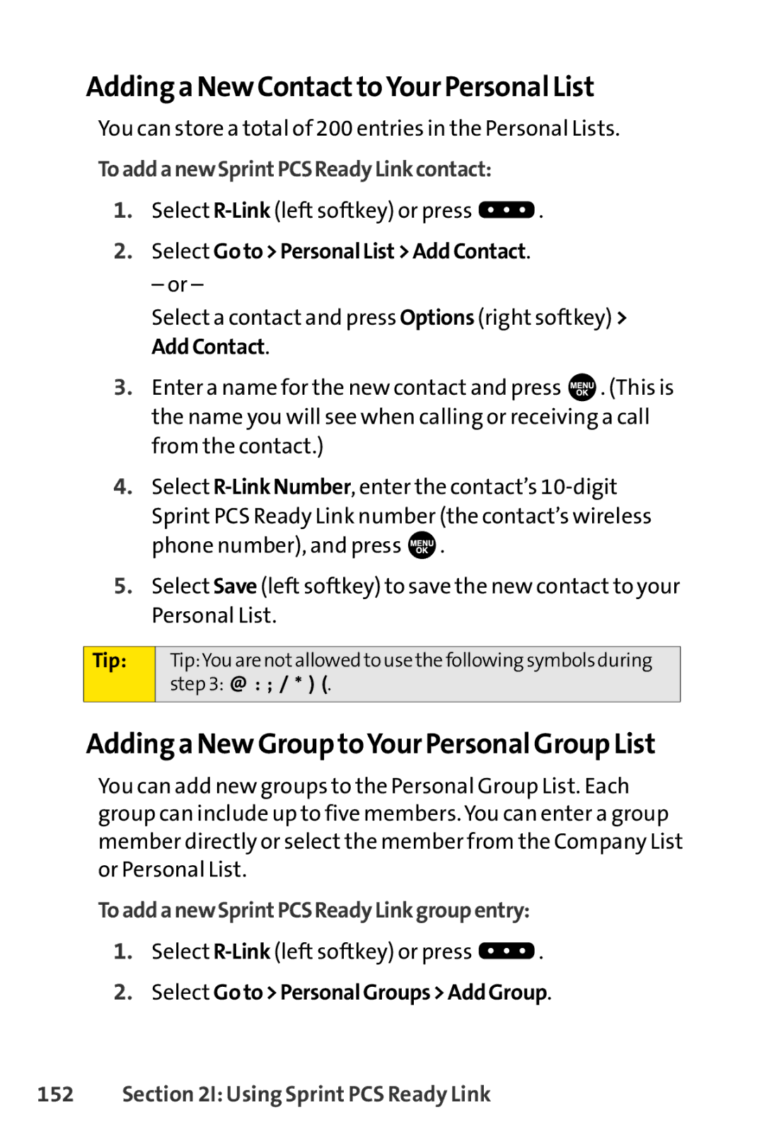 Sprint Nextel SCP-7000 manual Adding a New Contact toYour Personal List, ToaddanewSprintPCSReadyLinkcontact 
