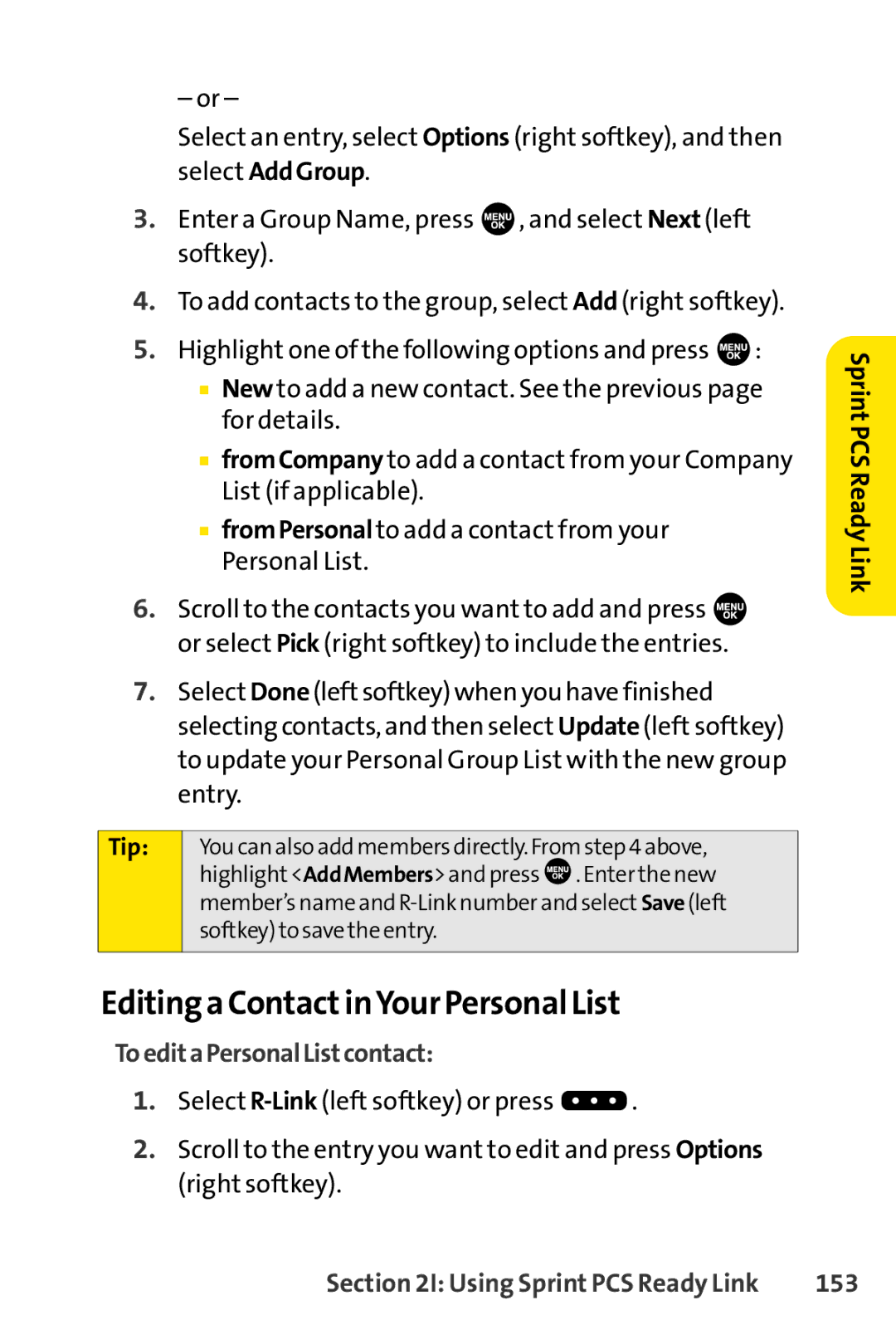 Sprint Nextel SCP-7000 manual Editing a ContactinYour Personal List, ToeditaPersonalListcontact, 153 