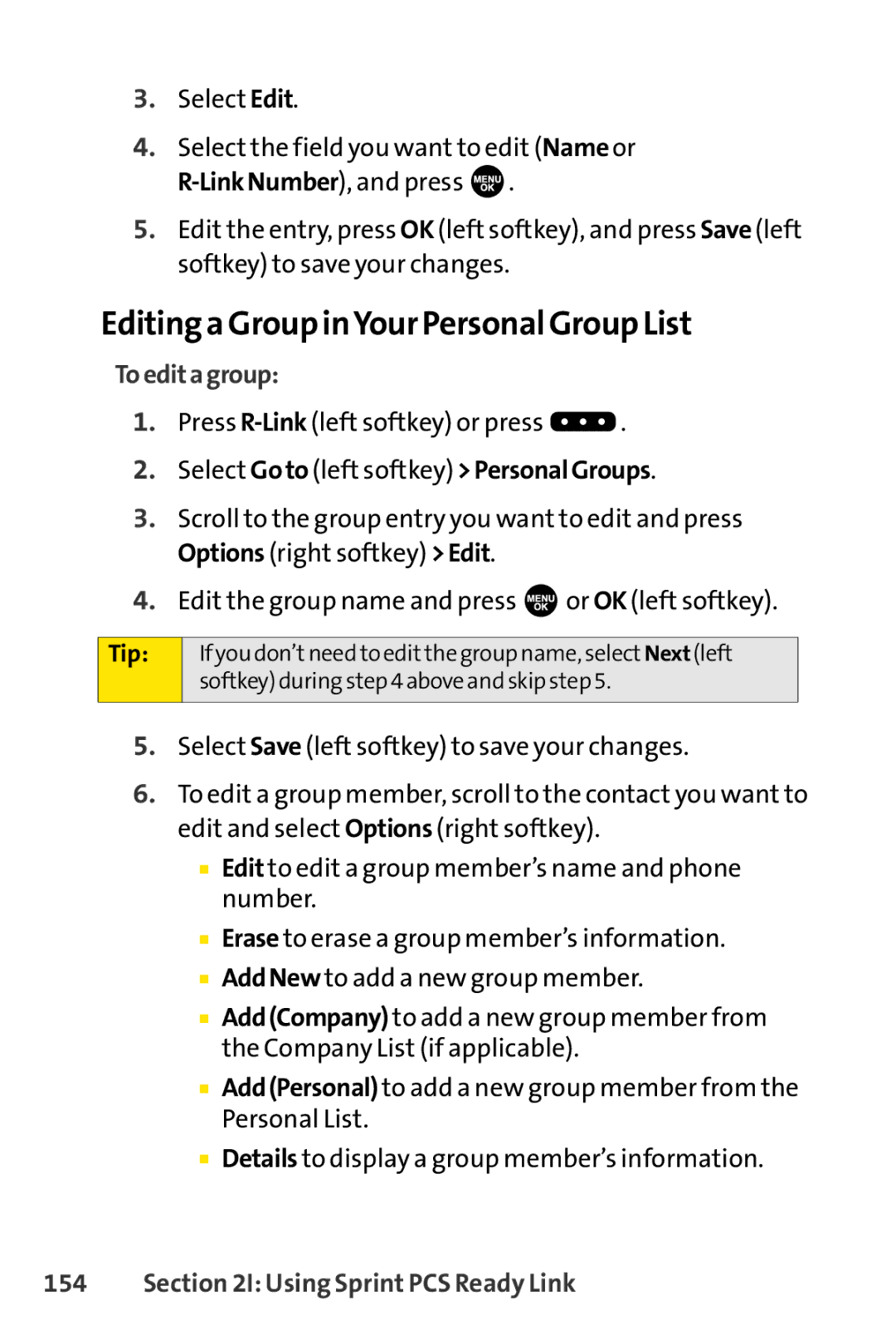 Sprint Nextel SCP-7000 manual Editing a Group inYour Personal Group List, Toeditagroup 