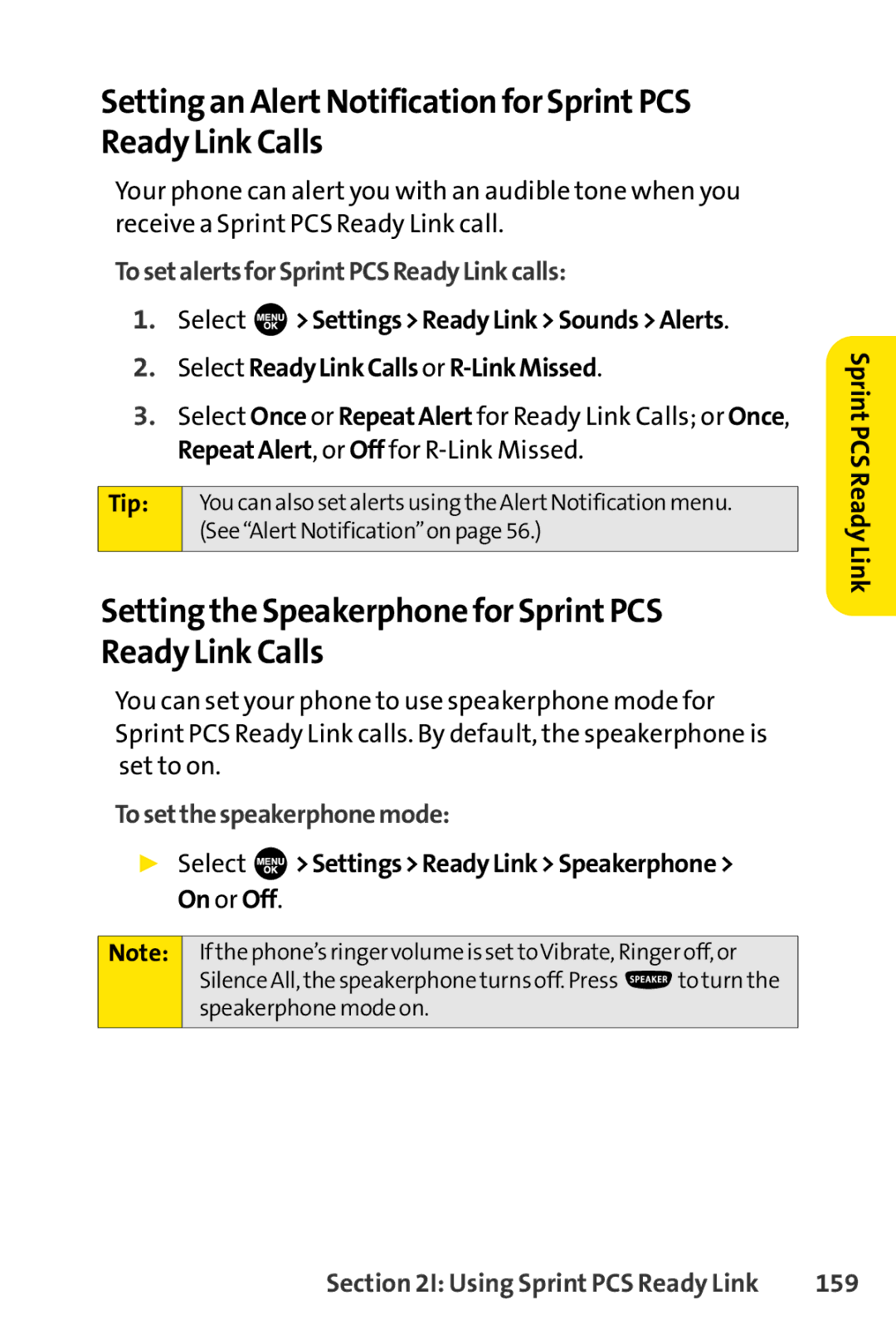 Sprint Nextel SCP-7000 Setting the Speakerphone for SprintPCS Ready Link Calls, TosetalertsforSprintPCSReadyLinkcalls, 159 