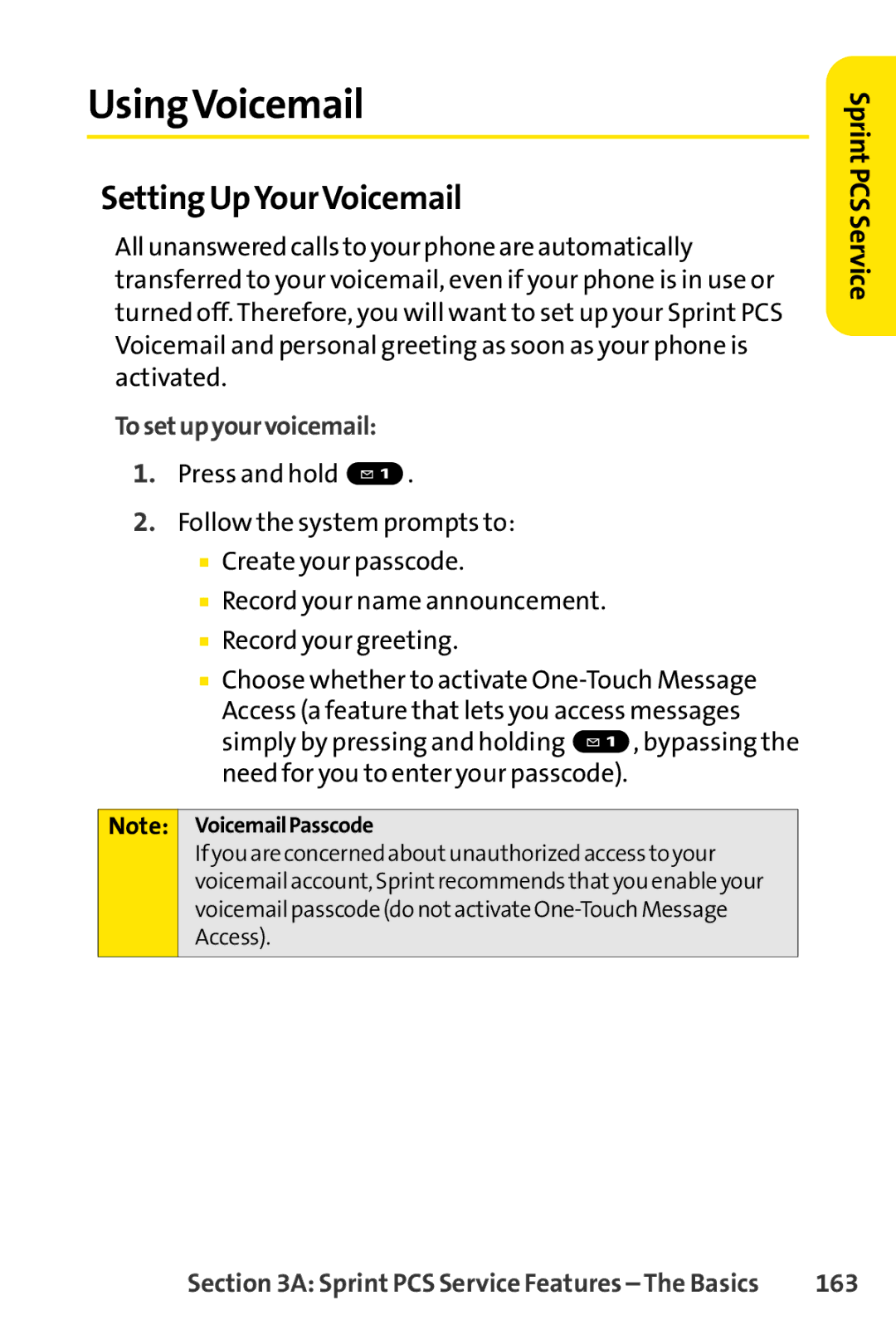 Sprint Nextel SCP-7000 manual UsingVoicemail, Setting UpYourVoicemail, 163 