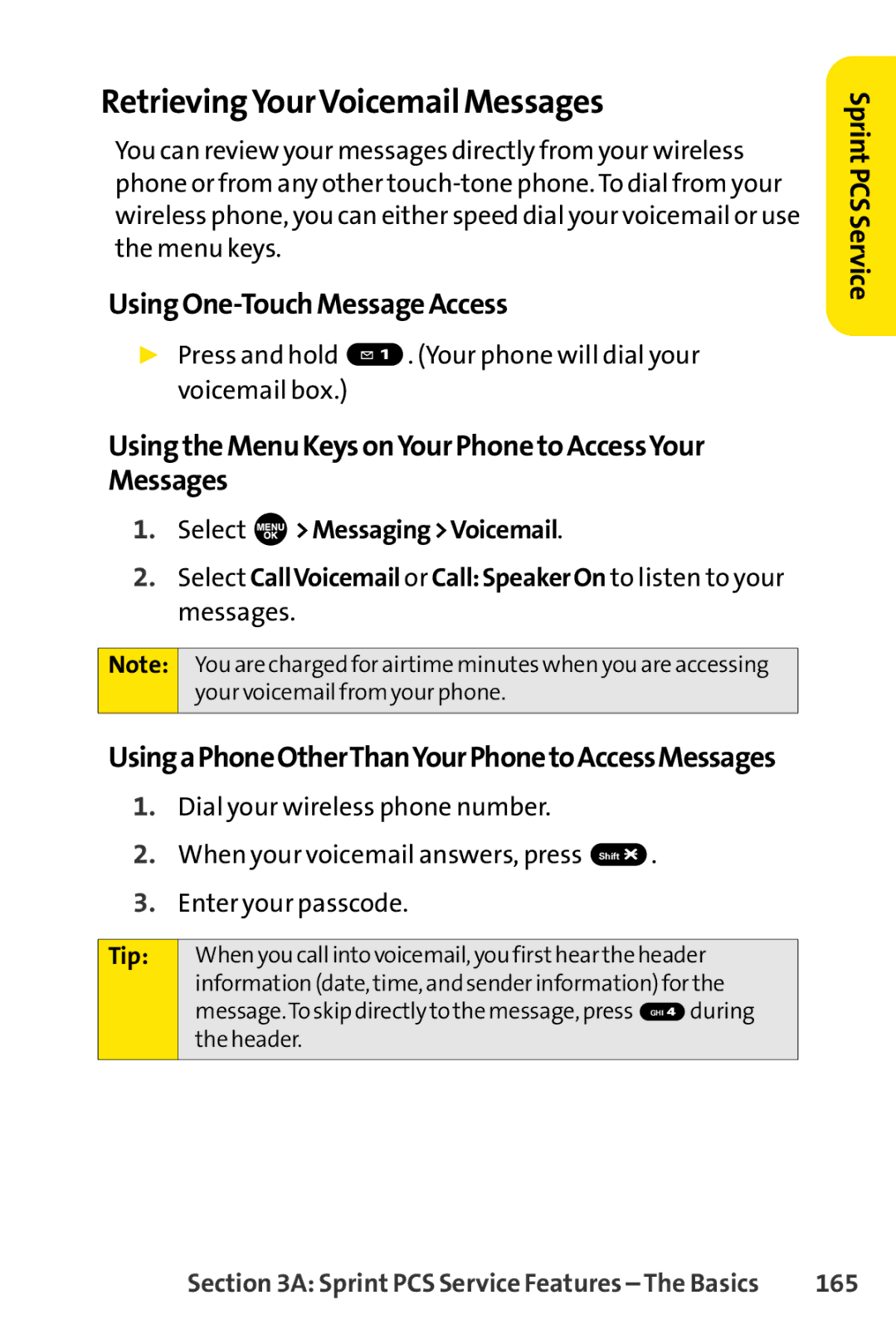 Sprint Nextel SCP-7000 manual RetrievingYourVoicemail Messages, UsingOne-TouchMessageAccess, 165 