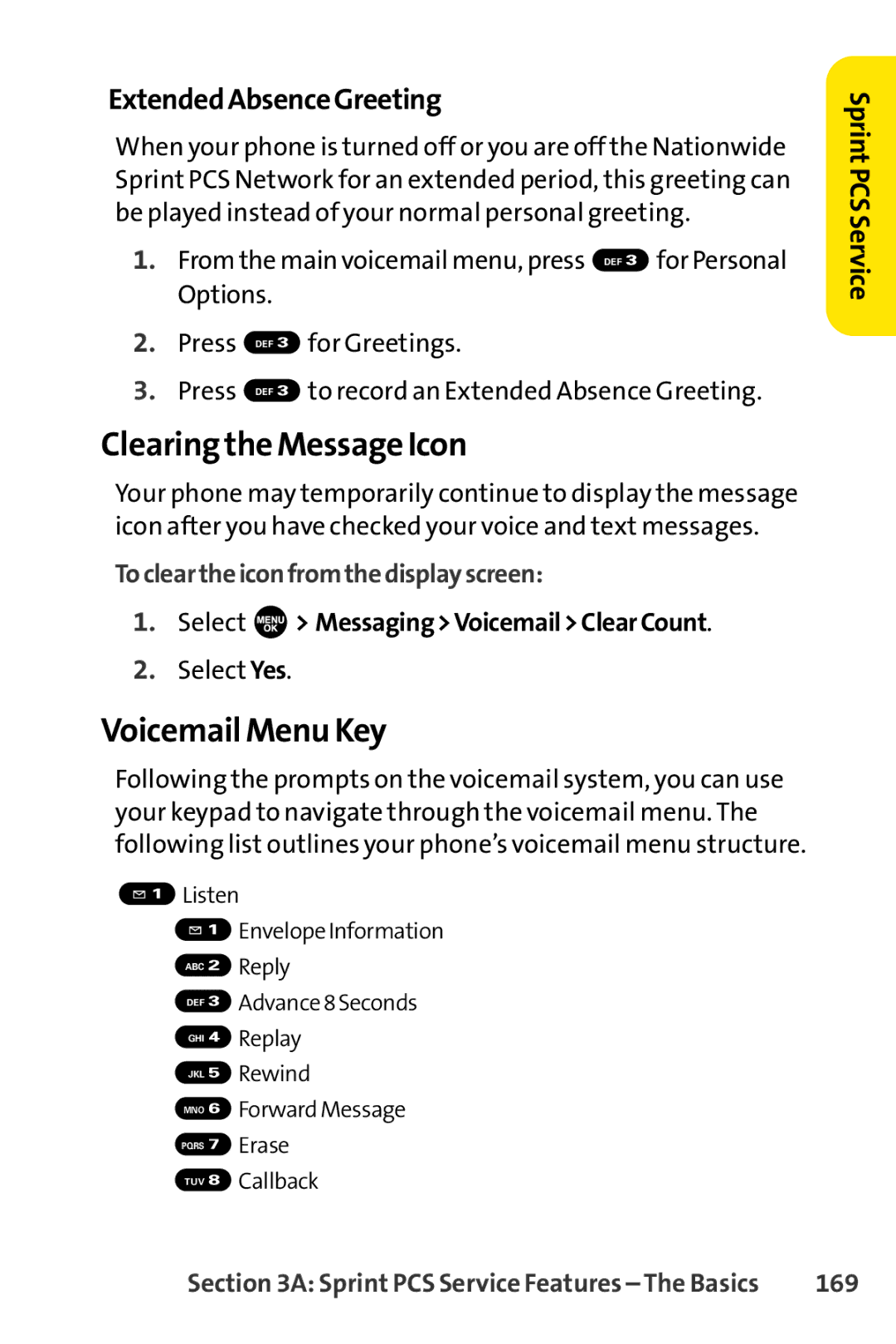 Sprint Nextel SCP-7000 manual Clearing the Message Icon, Voicemail Menu Key, ExtendedAbsenceGreeting, 169 