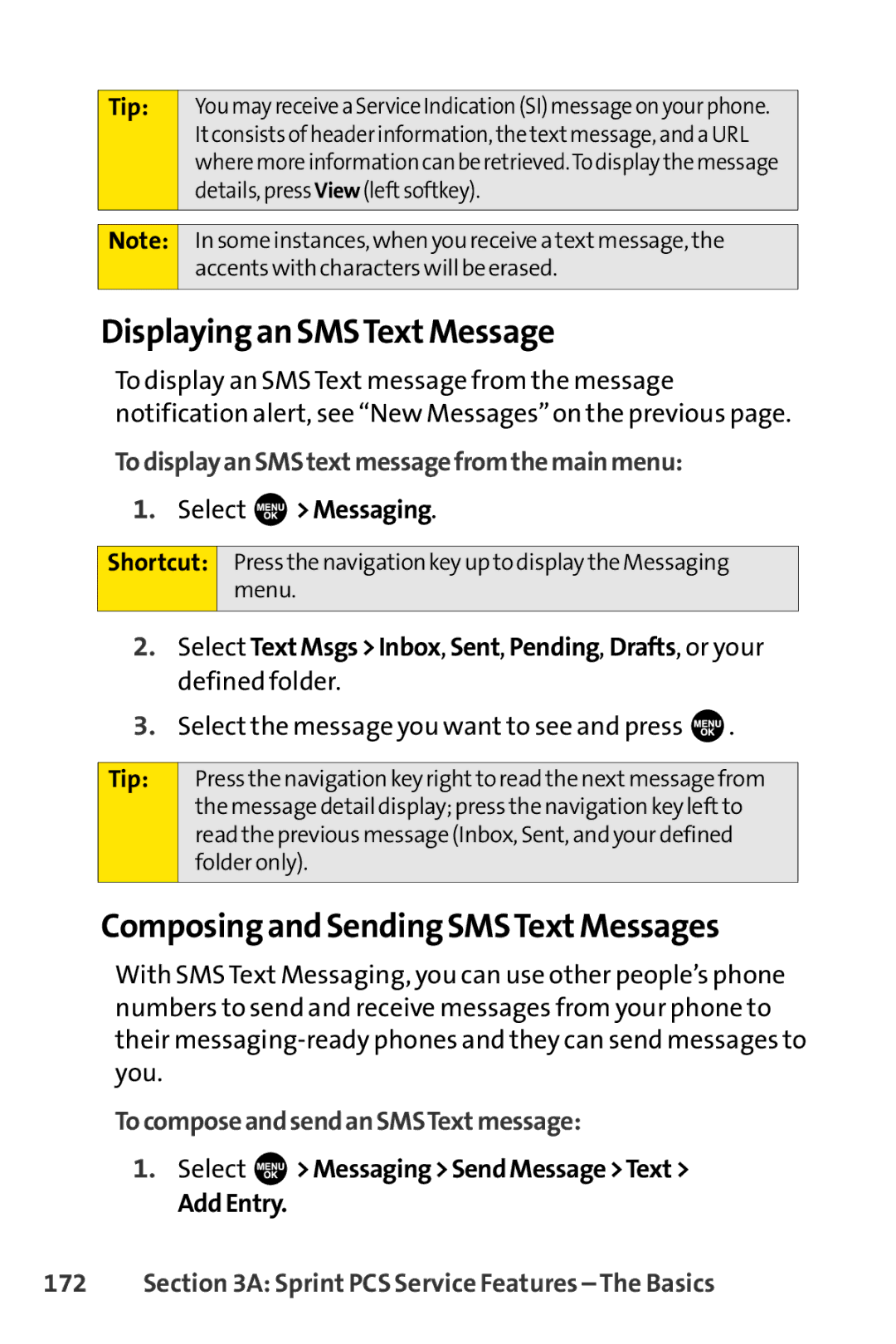 Sprint Nextel SCP-7000 manual Displaying an SMSText Message, Composing and Sending SMSText Messages 