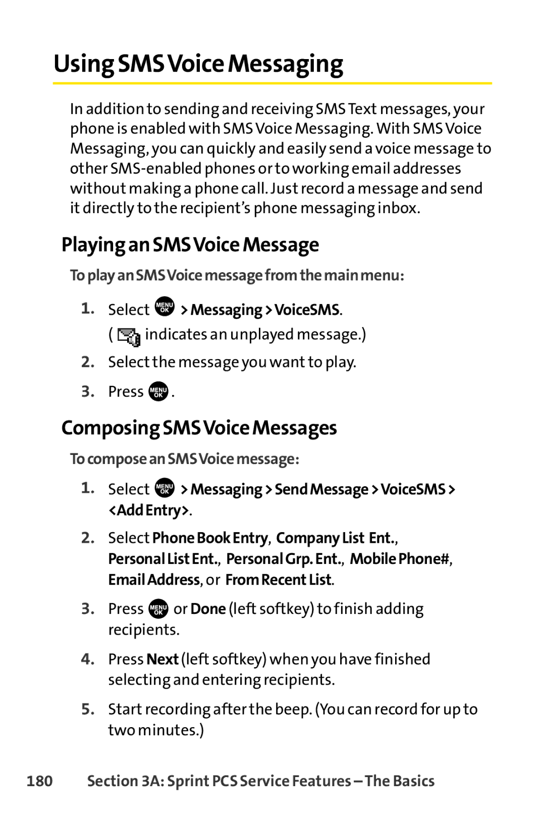 Sprint Nextel SCP-7000 manual Using SMSVoice Messaging, Playing an SMSVoice Message, Composing SMSVoice Messages 