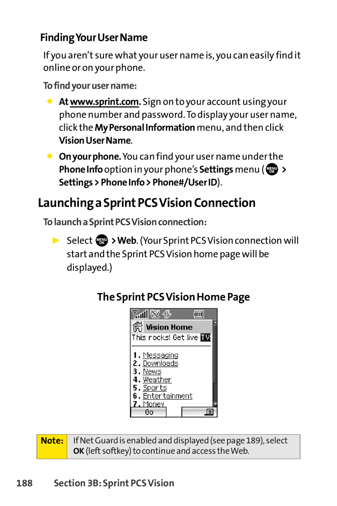 Sprint Nextel SCP-7000 manual Launchinga SprintPCSVision Connection, FindingYourUserName, Sprint PCS Vision Home 