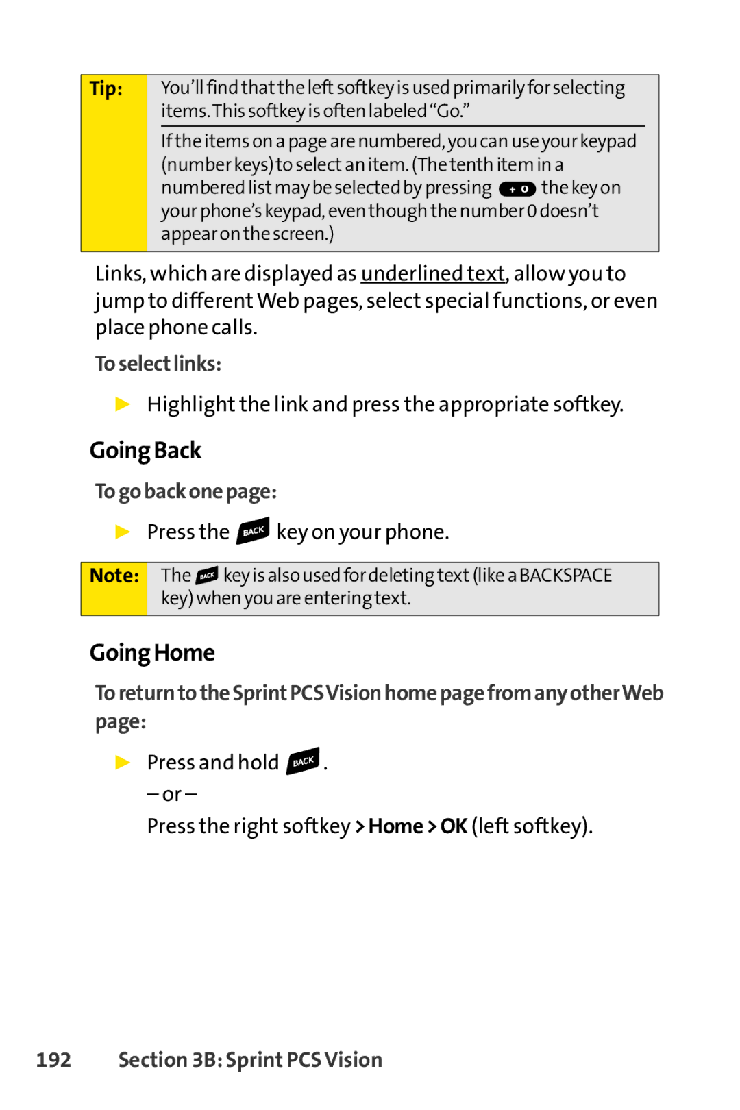 Sprint Nextel SCP-7000 manual GoingBack, GoingHome, Toselectlinks, Togobackonepage 