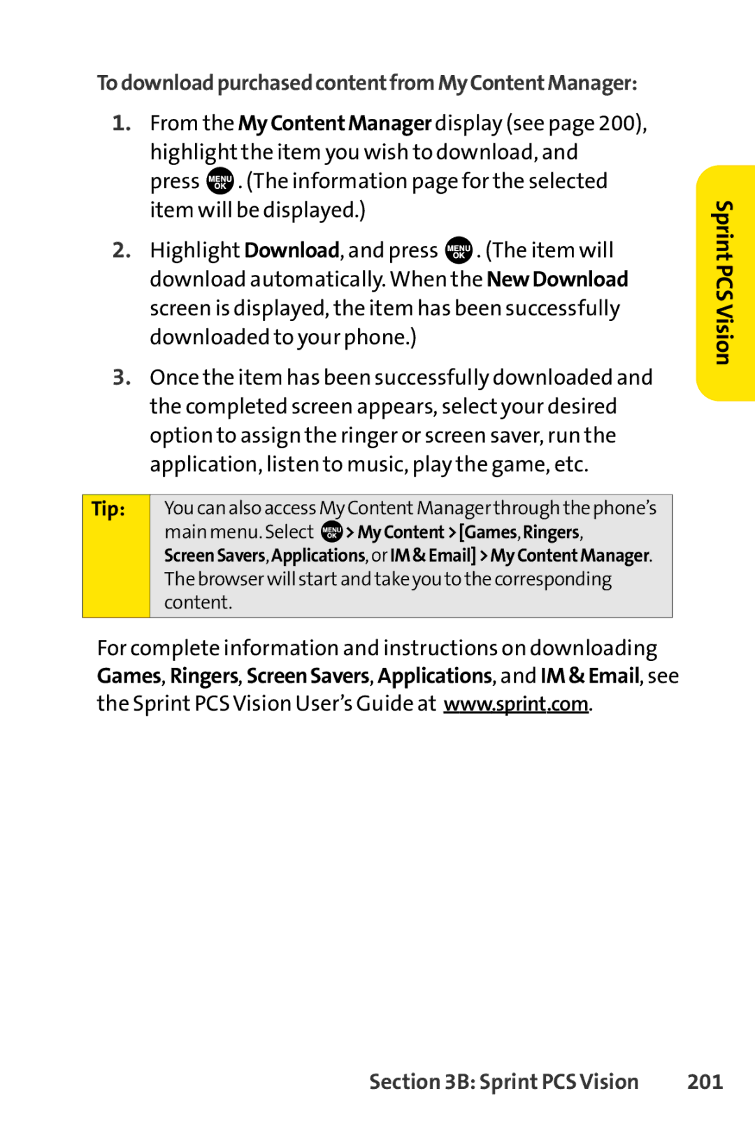 Sprint Nextel SCP-7000 manual TodownloadpurchasedcontentfromMyContentManager, 201 