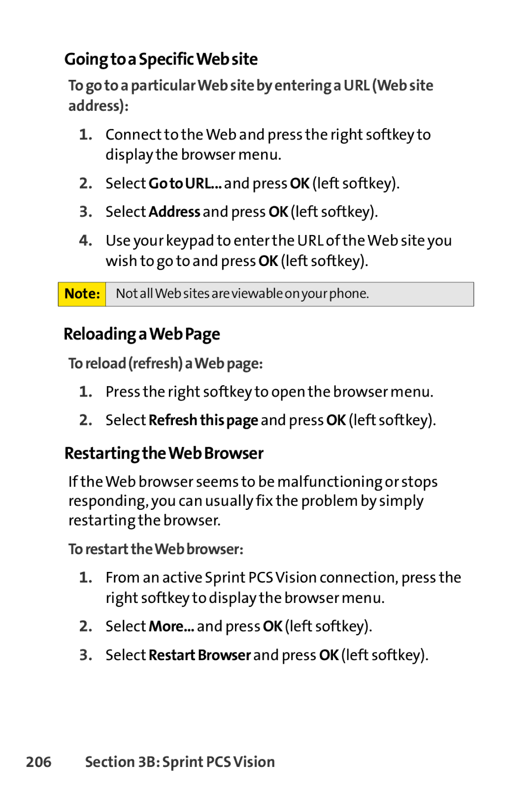 Sprint Nextel SCP-7000 manual GoingtoaSpecificWebsite, ReloadingaWebPage, RestartingtheWebBrowser, ToreloadrefreshaWebpage 