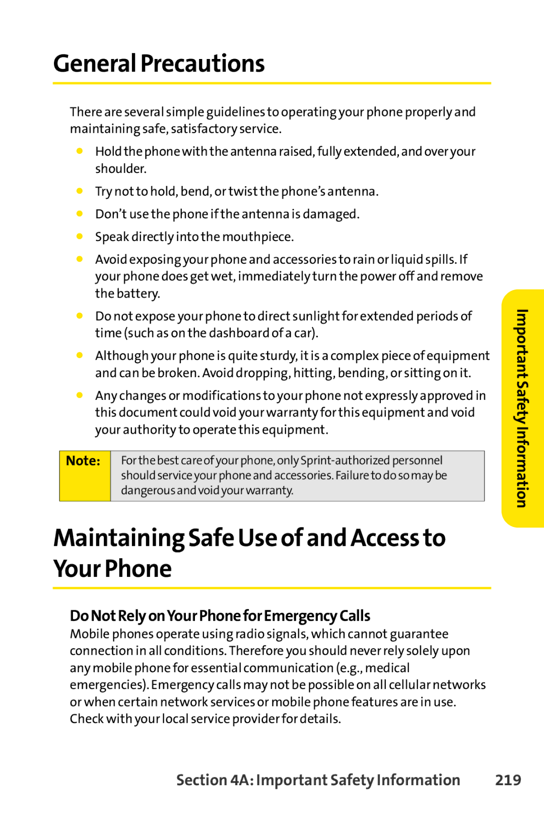 Sprint Nextel SCP-7000 General Precautions, Maintaining Safe Use of and Access to Your Phone, Important Safety Information 