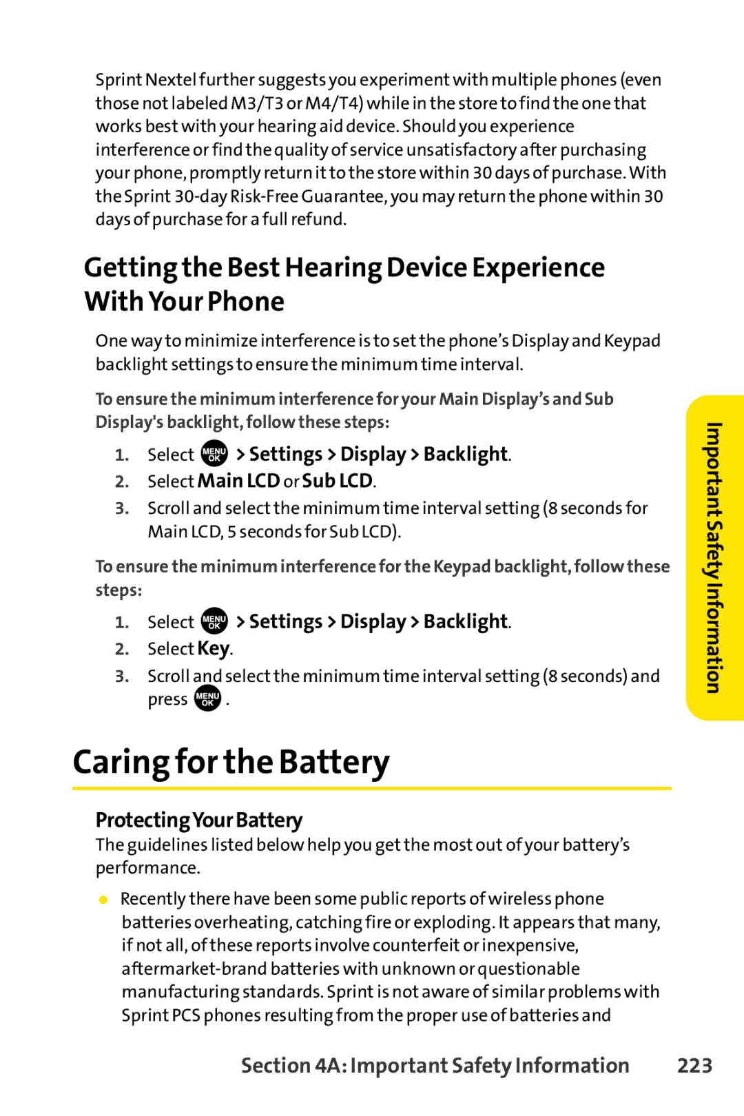 Sprint Nextel SCP-7000 manual Caring for the Battery, Getting the Best Hearing Device Experience With Your Phone, 223 